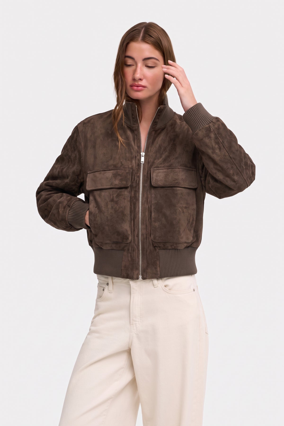 Faux Suede Jacket Dark Brown Bomber Cropped Women