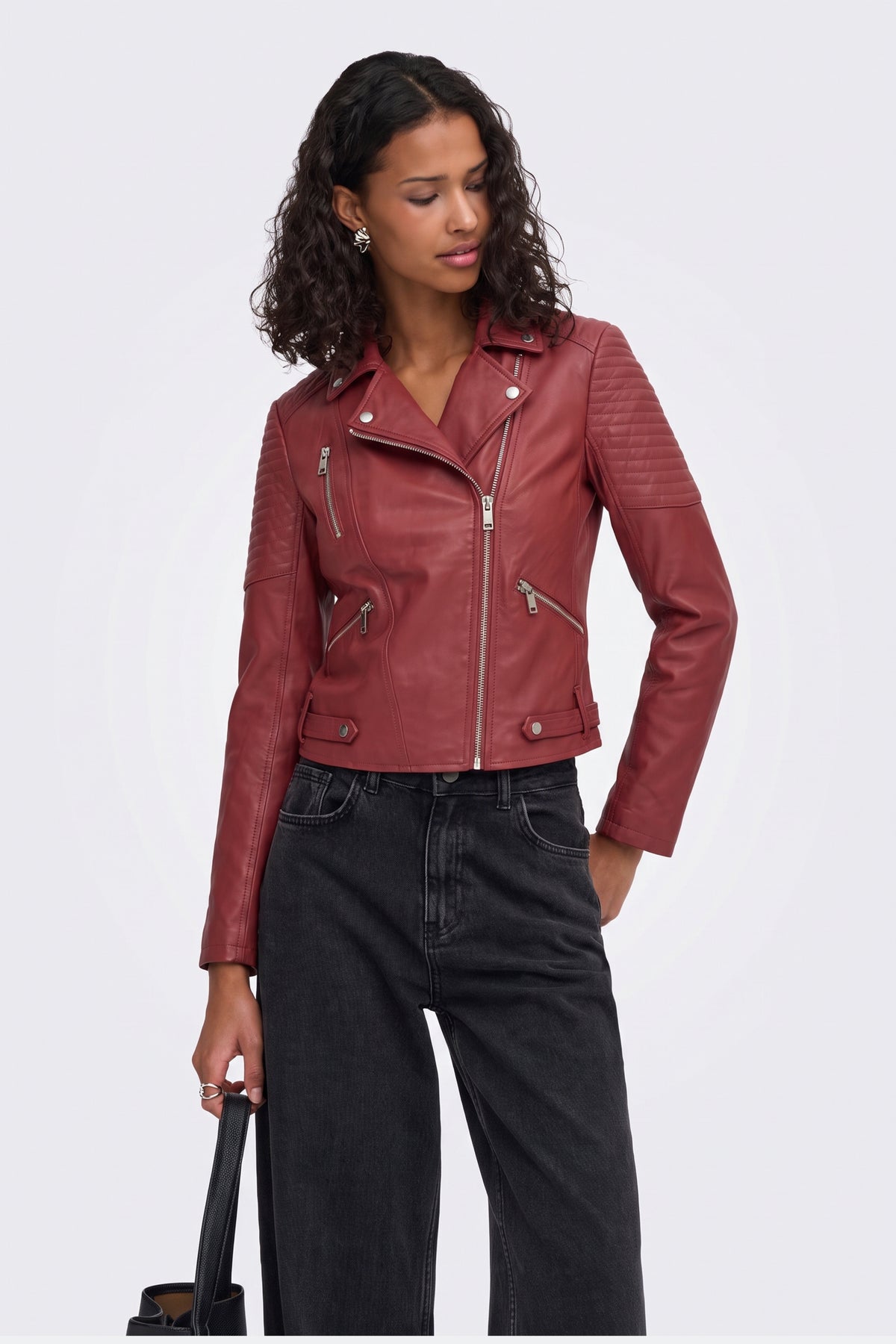 Faux Leather Jacket Red Fitted Biker on model, front view