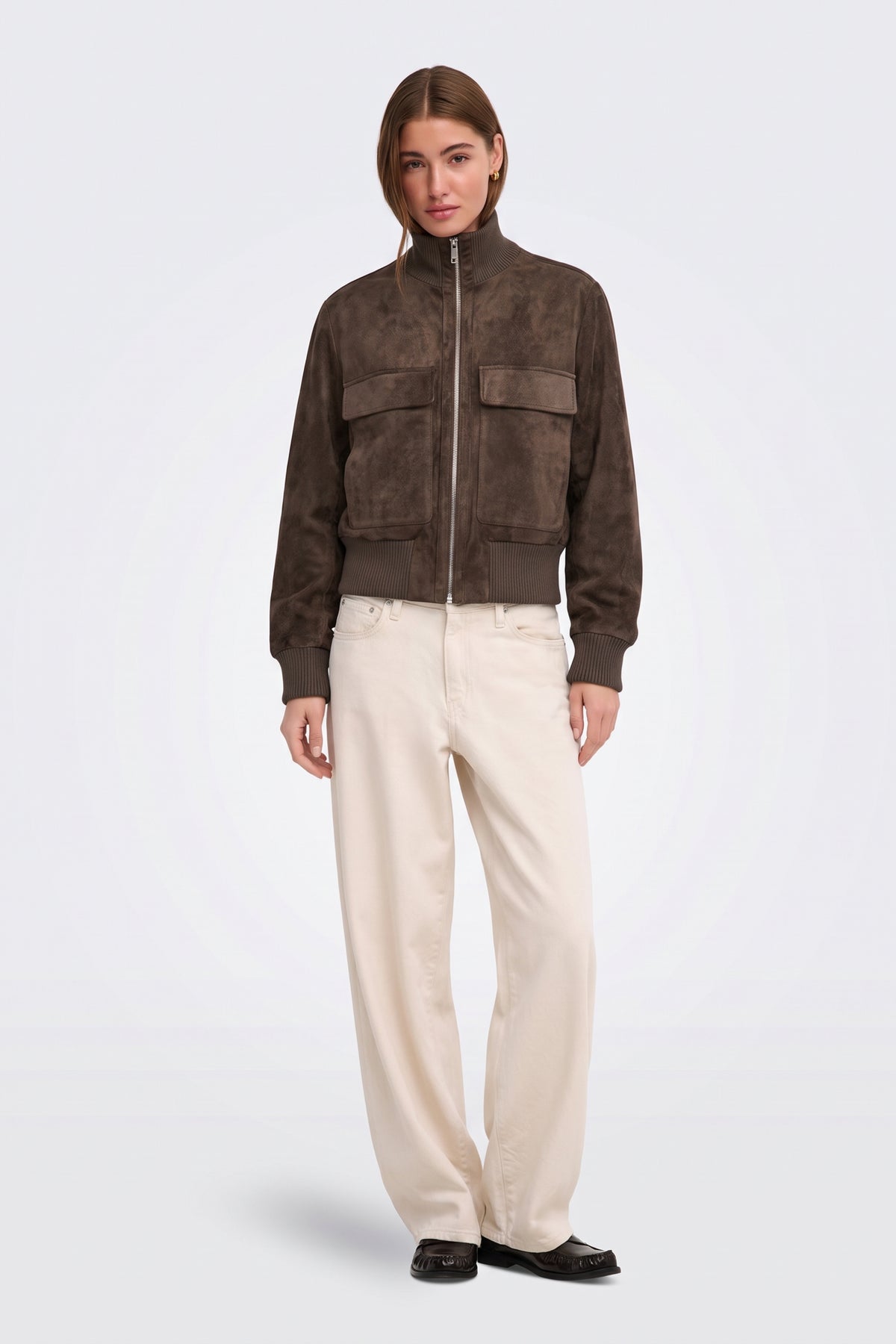 Faux Suede Jacket Dark Brown Bomber Cropped Women