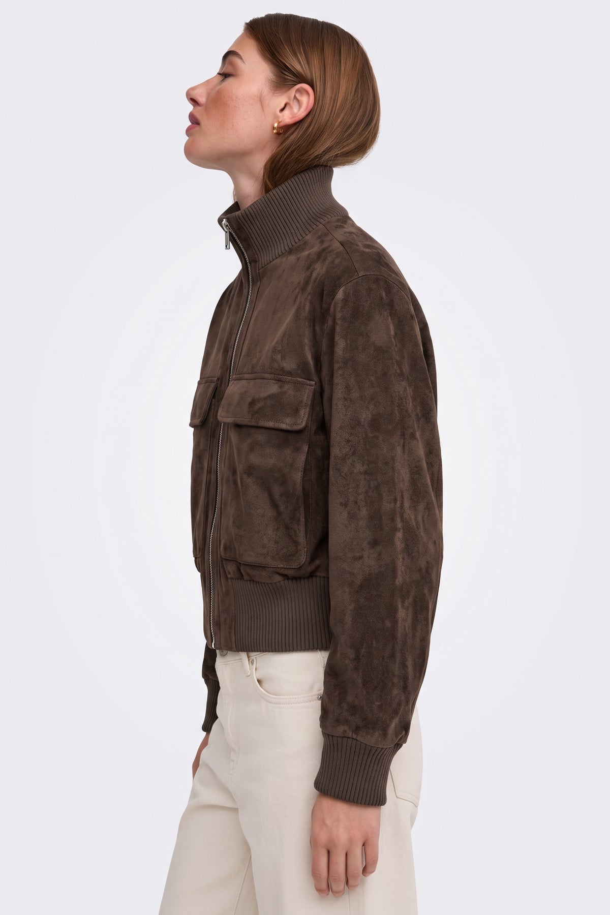 Faux Suede Jacket Dark Brown Bomber Cropped Women