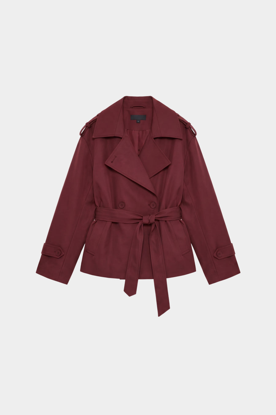Burgundy wrap trench jacket women, front