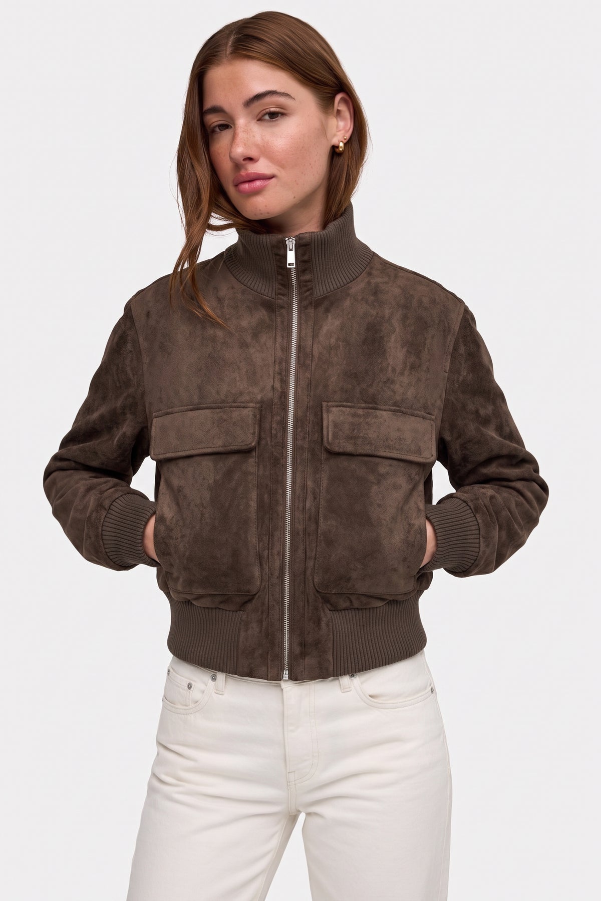 Faux Suede Jacket Dark Brown Bomber Cropped Women