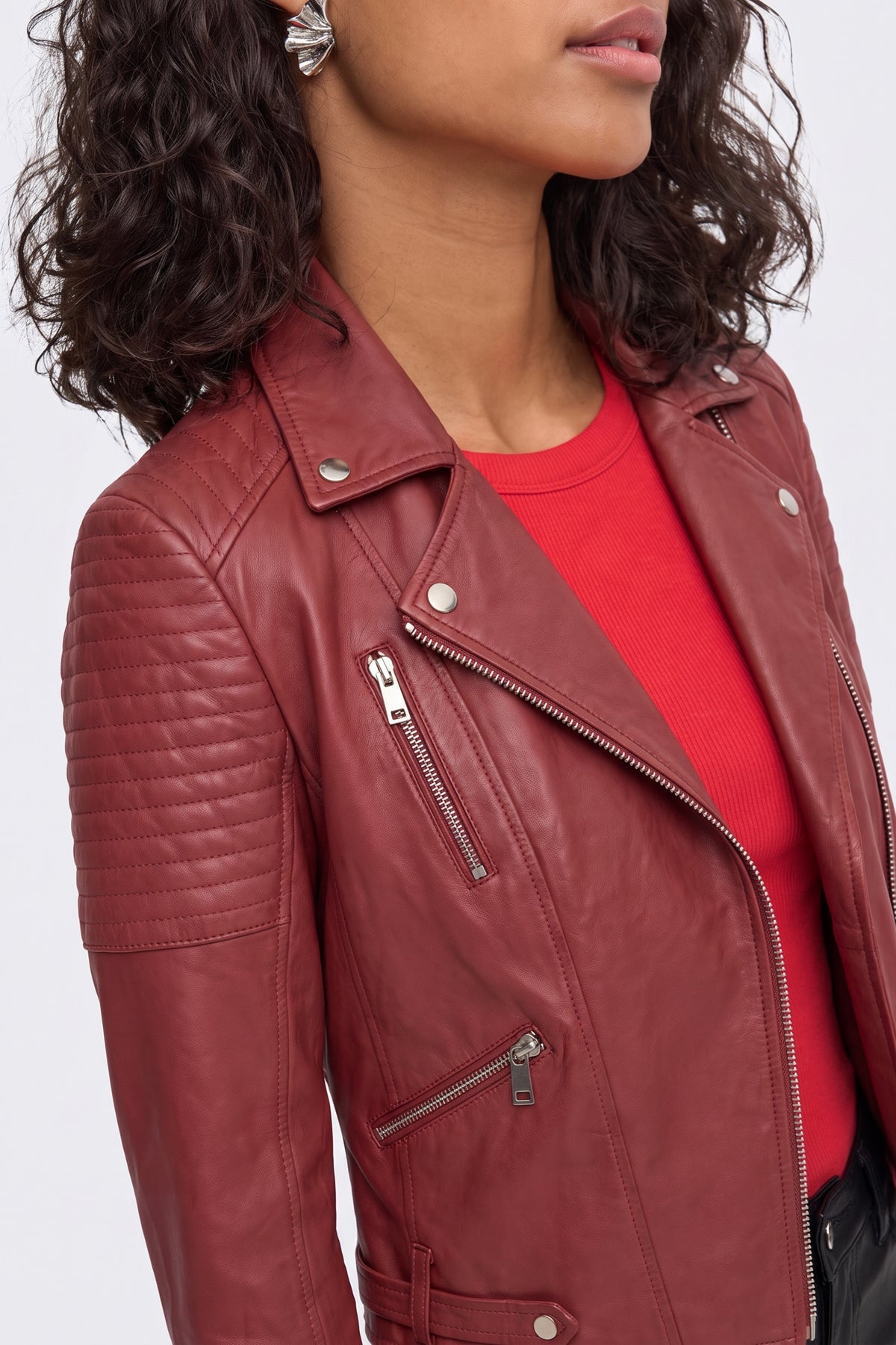 Faux Leather Jacket Red Fitted Biker fabric and fastening detail