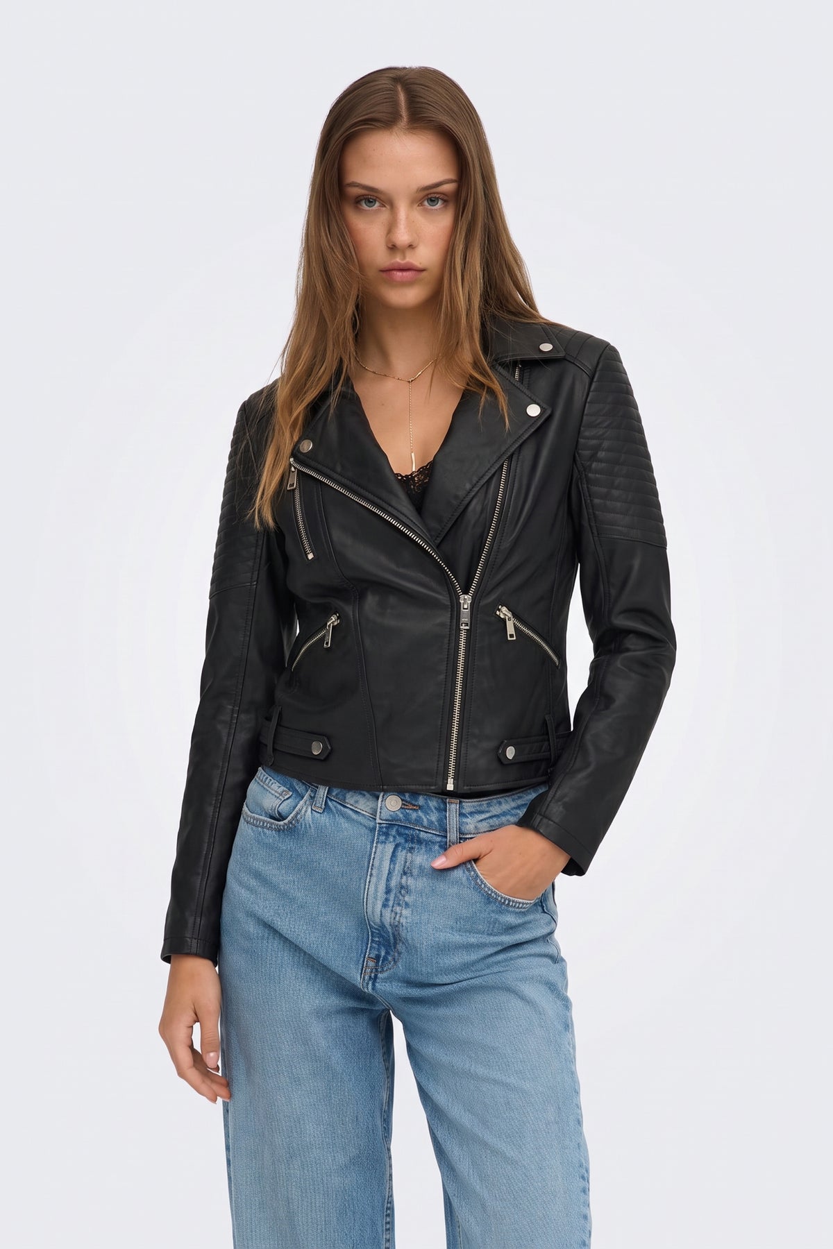 Faux Leather Jacket Black Fitted Biker on model, front view