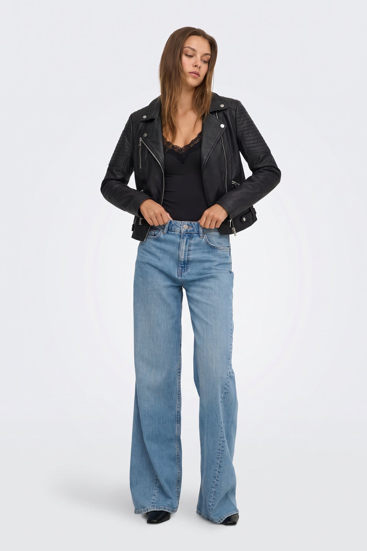 Faux Leather Jacket Black Fitted Biker full length on model