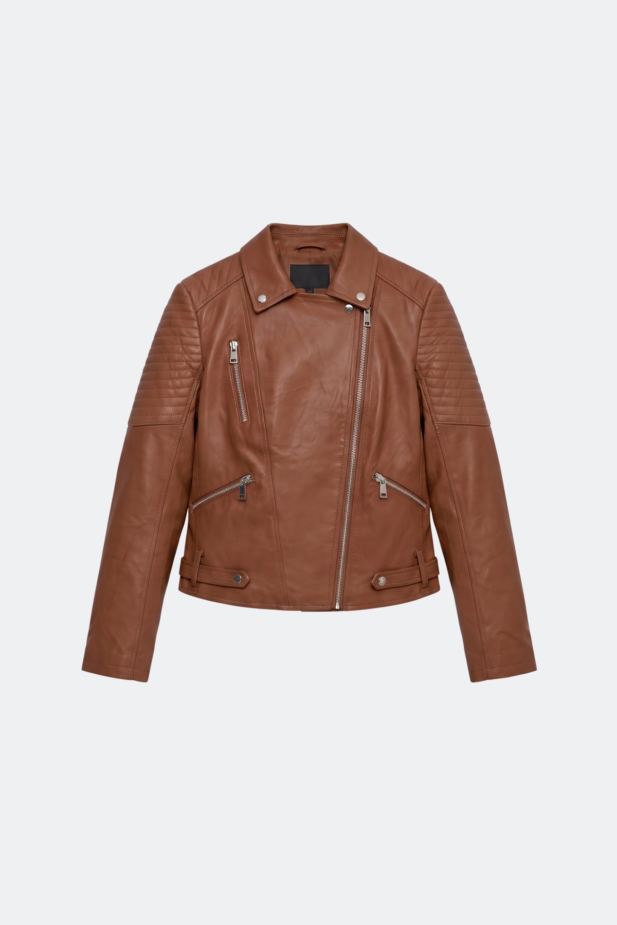 Faux Leather Jacket Tan Fitted Biker, front