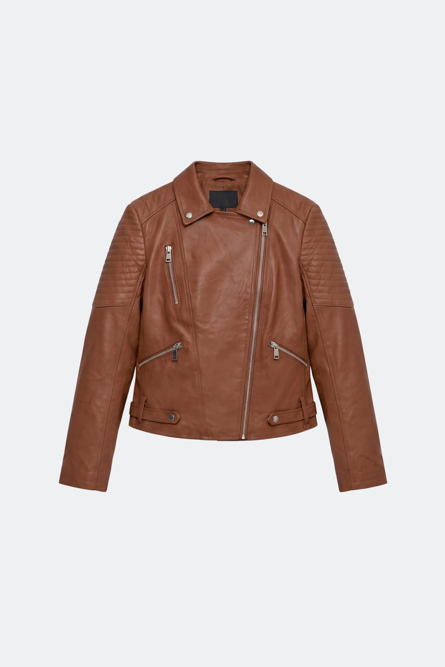 Faux Leather Jacket Tan Fitted Biker, front