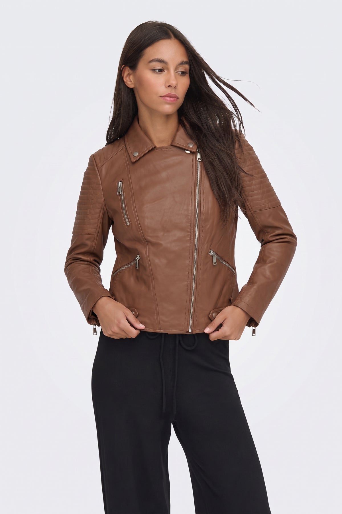 Faux Leather Jacket Tan Fitted Biker on model, front view