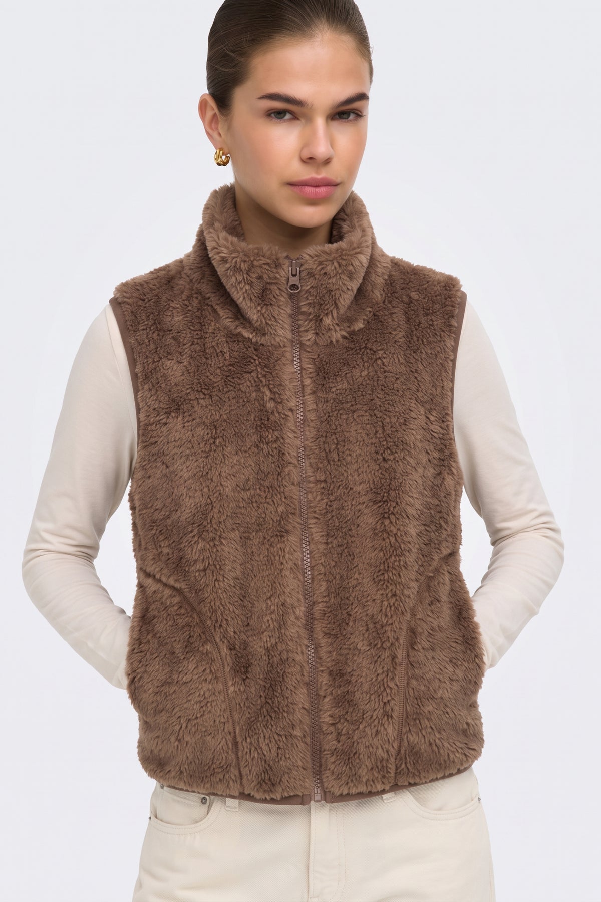 Faux Fur Gilet Brown Fluffy Women