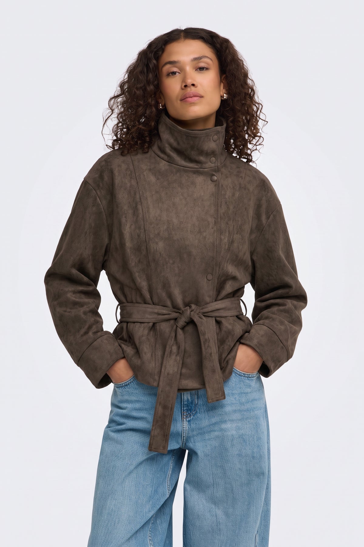 Faux Suede Jacket Brown Belted Funnel Neck on model, front view