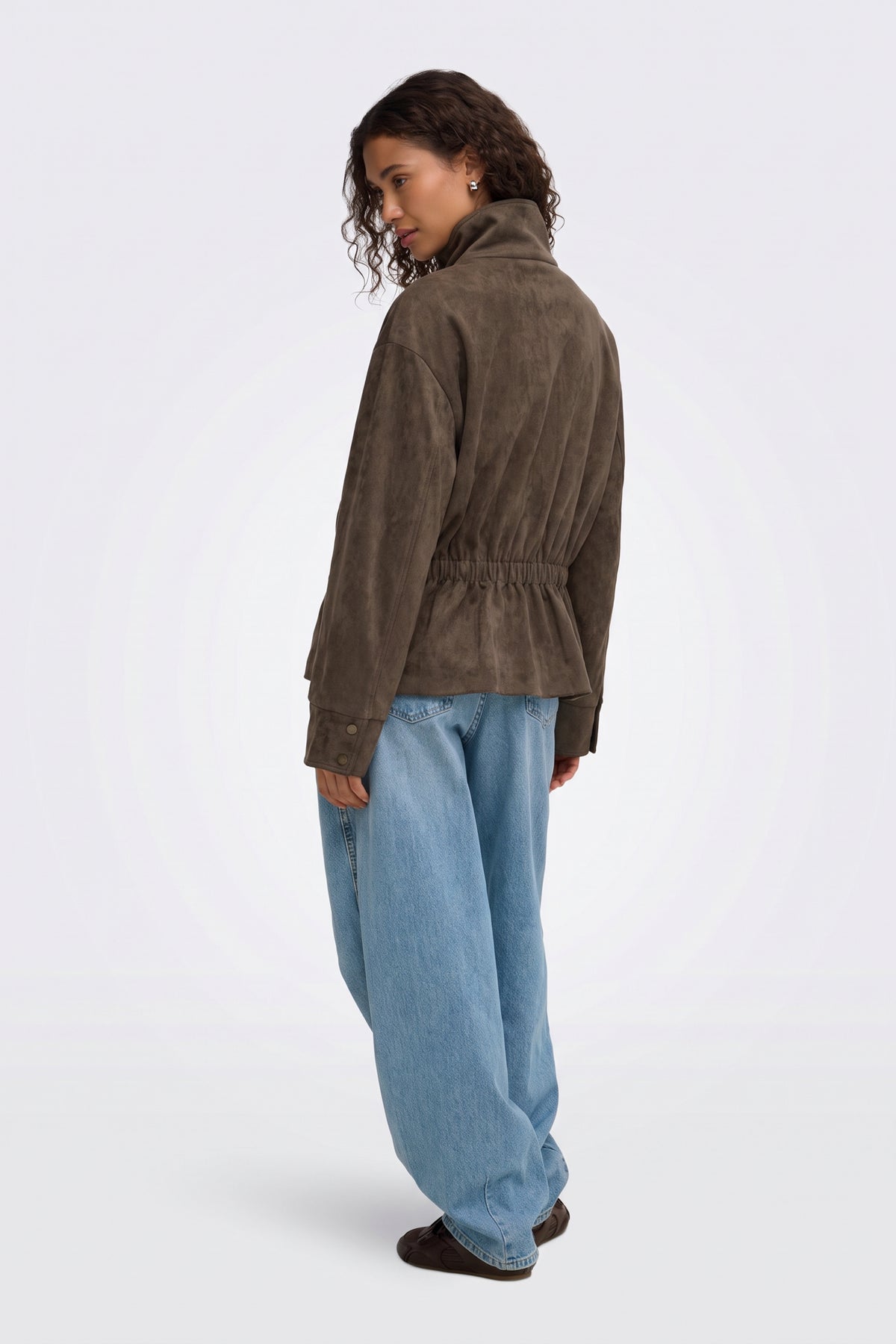 Faux Suede Jacket Brown Belted Funnel Neck back view on model