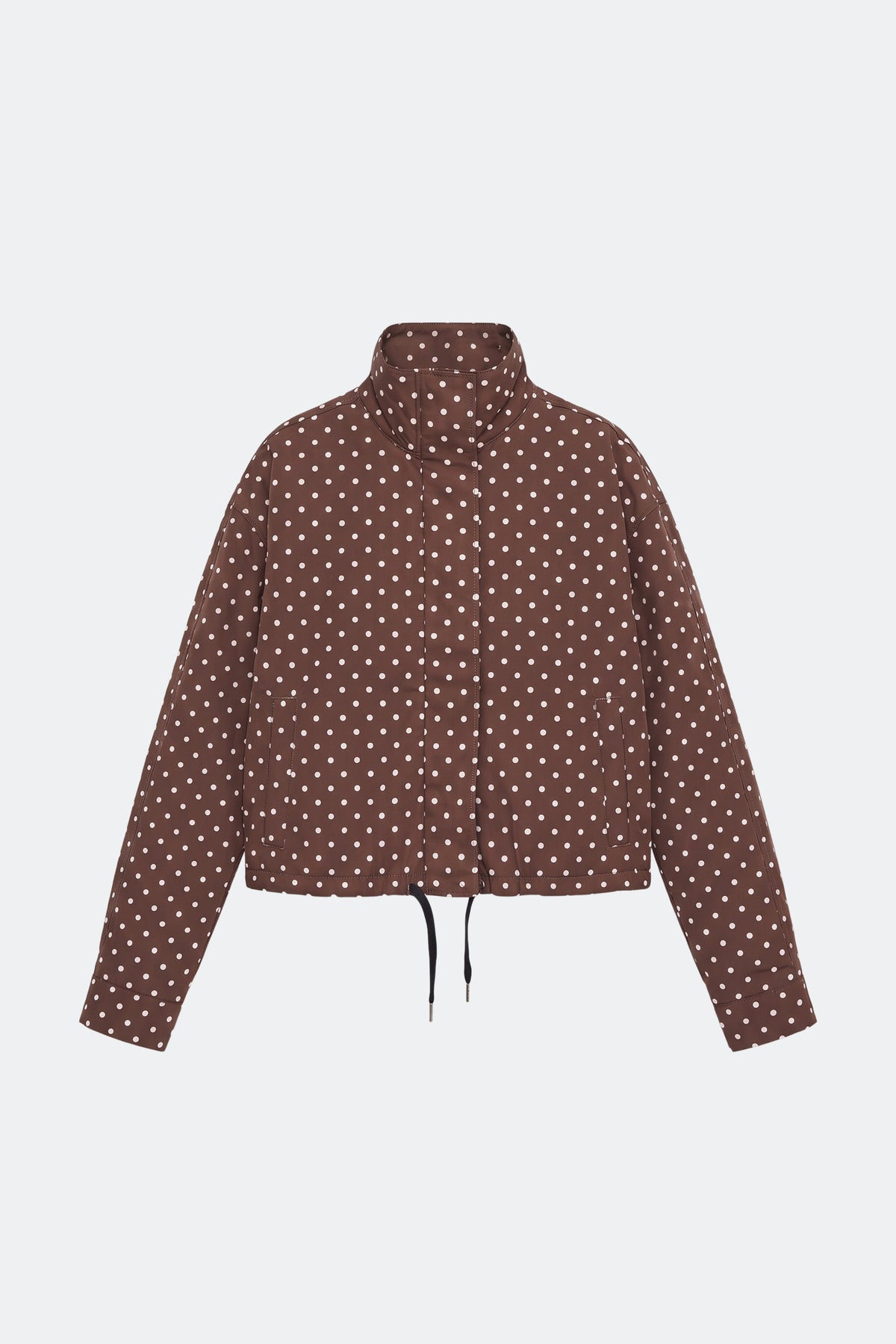 Brown puffer jacket polka dot cropped women, front