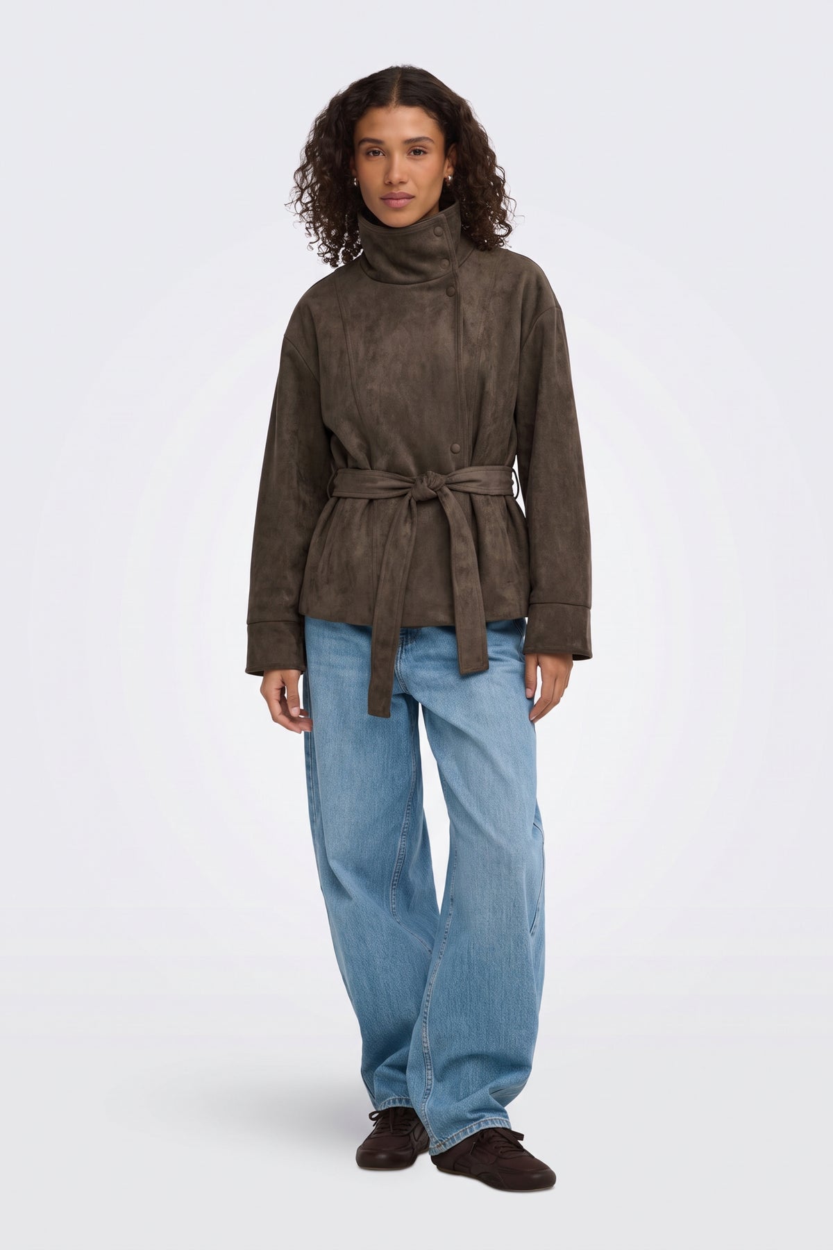 Faux Suede Jacket Brown Belted Funnel Neck full length on model