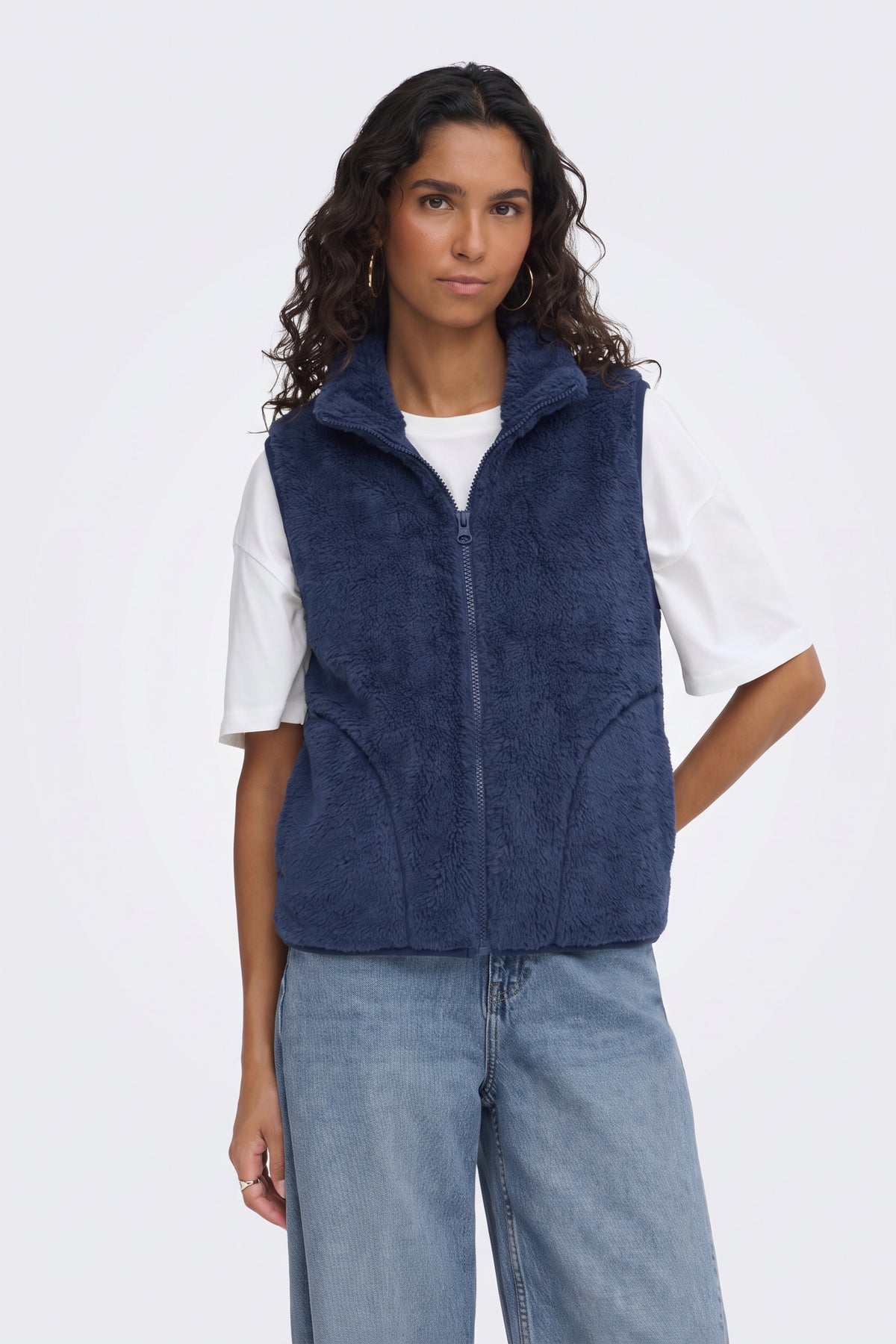 Faux Fur Gilet Navy Fluffy Women