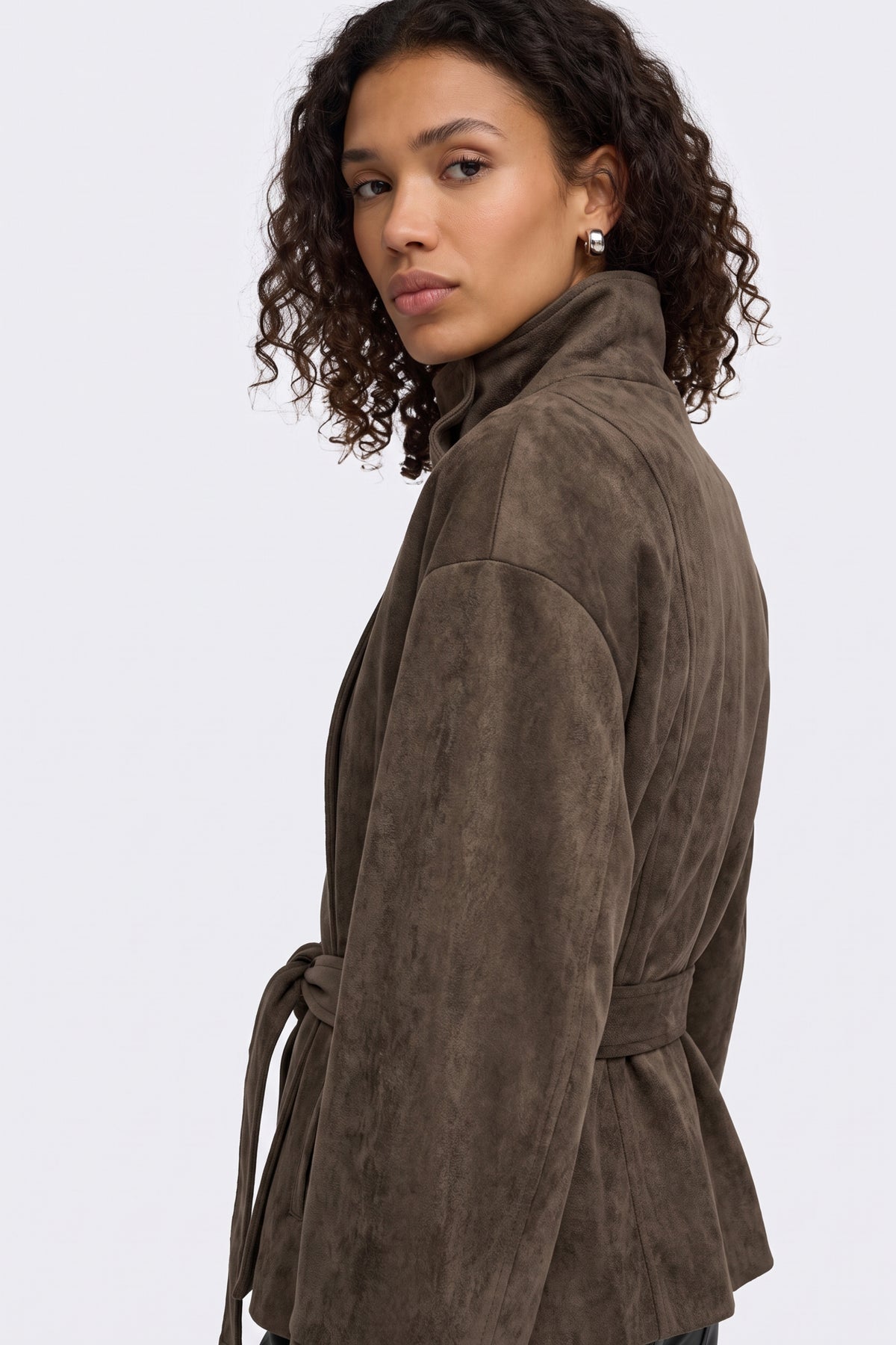 Faux Suede Jacket Brown Belted Funnel Neck side view on model