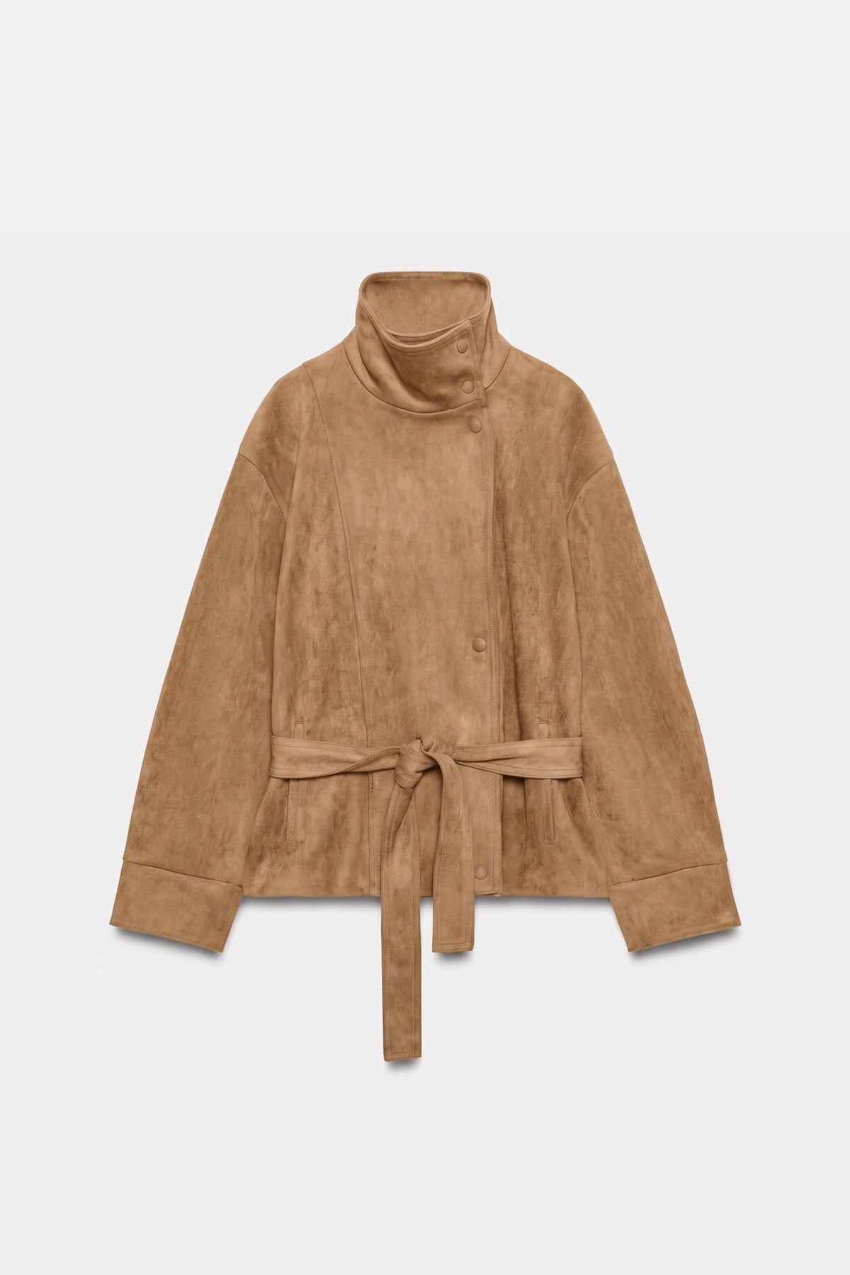 Faux Suede Jacket Camel Belted Funnel Neck, front