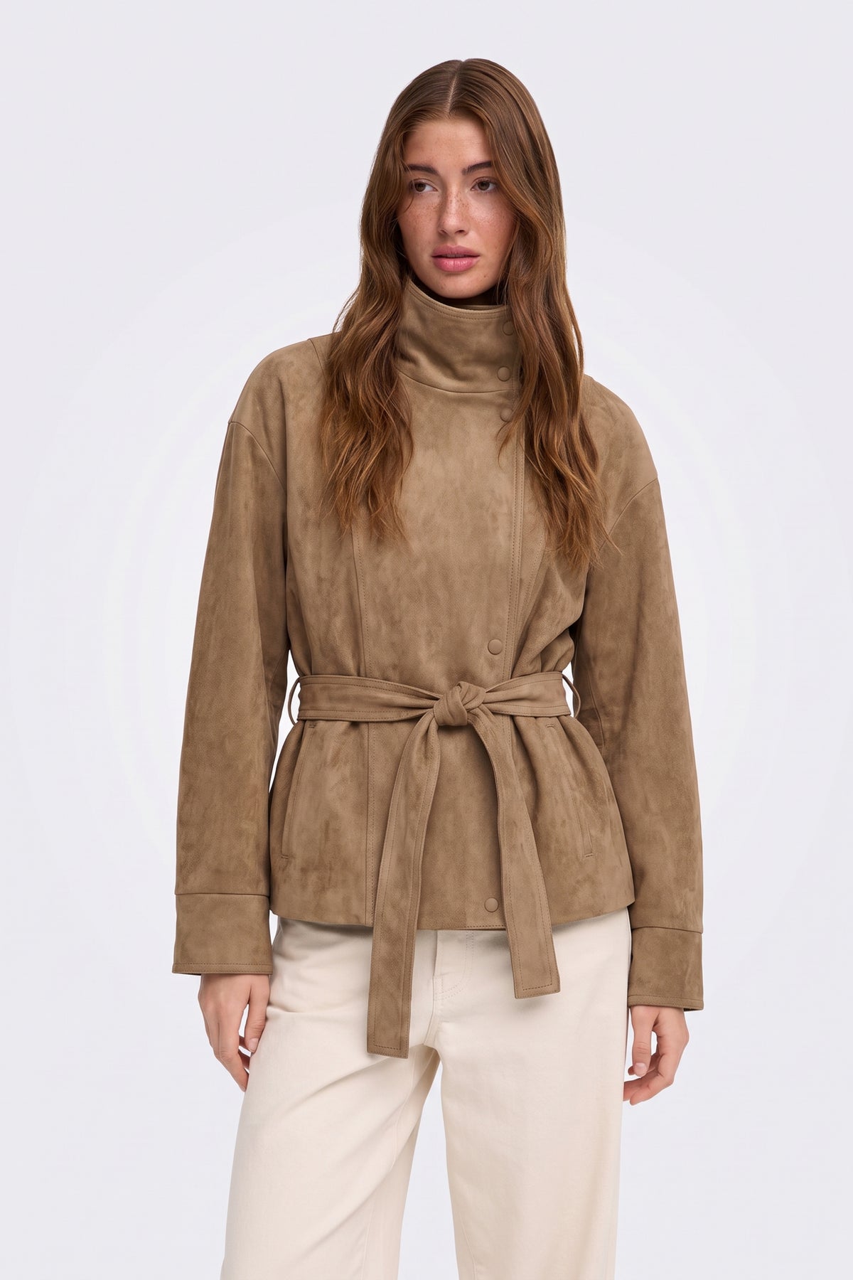 Faux Suede Jacket Camel Belted Funnel Neck fabric and fastening detail