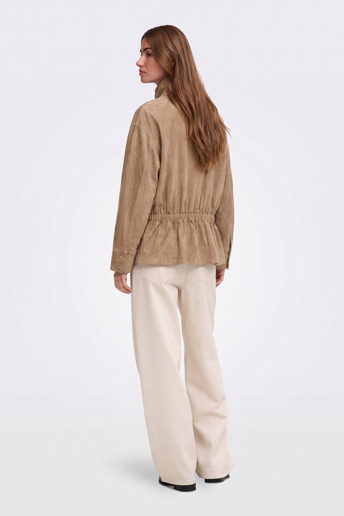 Faux Suede Jacket Camel Belted Funnel Neck on model, front view
