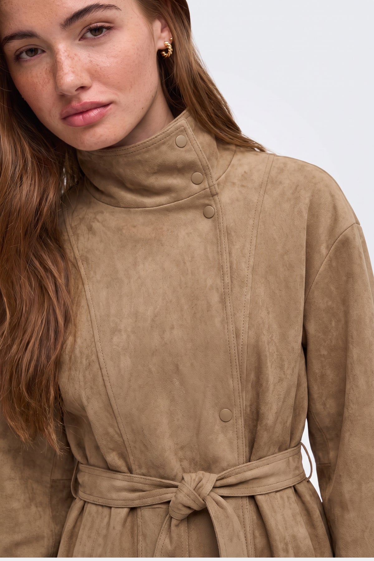 Faux Suede Jacket Camel Belted Funnel Neck side view on model