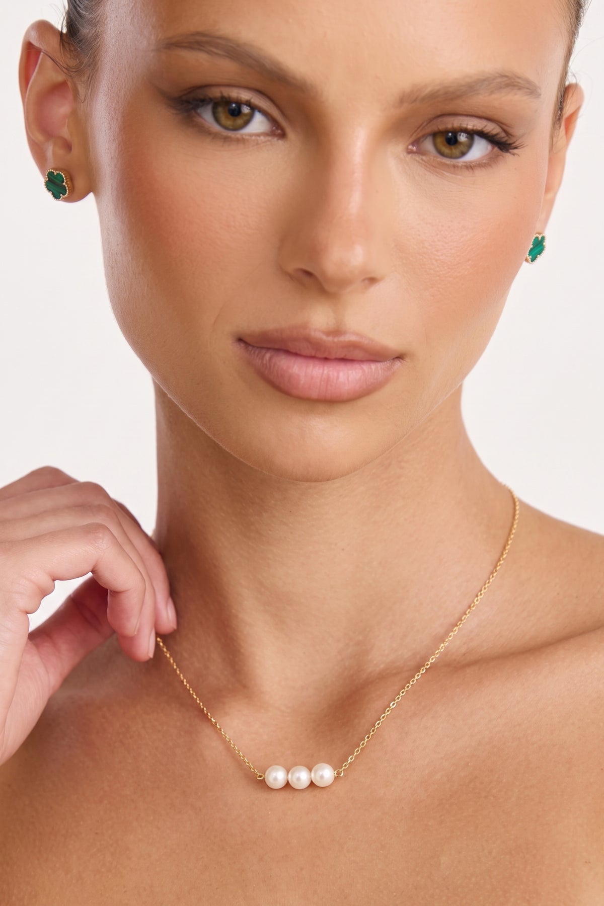Gold Plated Necklace Triple Pearl Bar