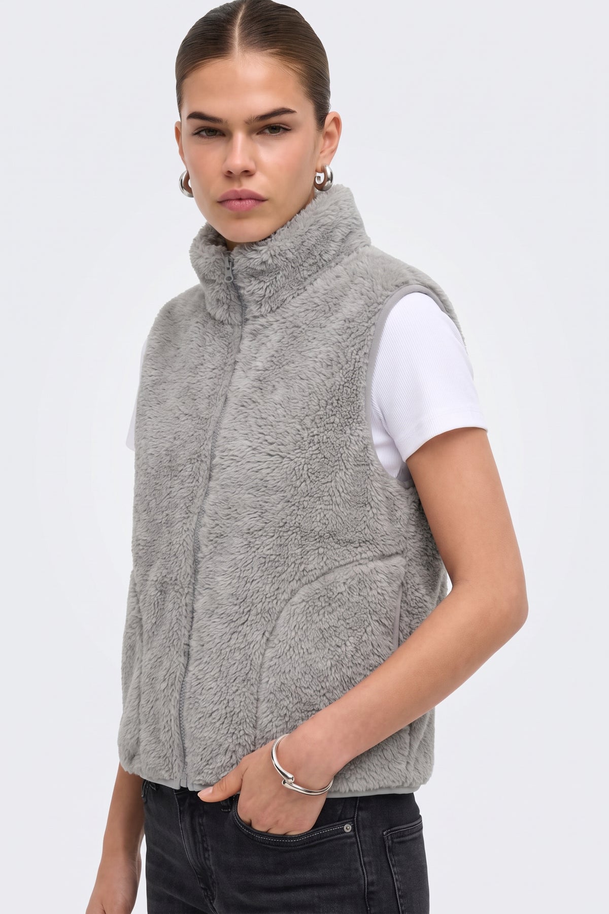 Faux Fur Gilet Grey Fluffy Women