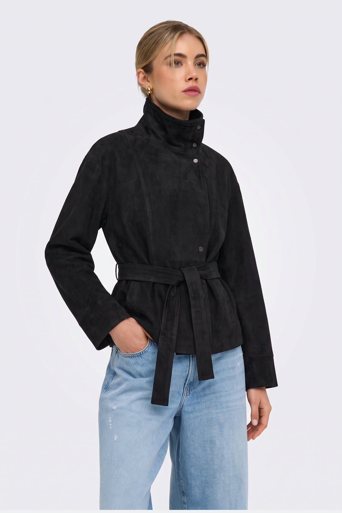 Faux Suede Jacket Black Belted Funnel Neck on model, front view