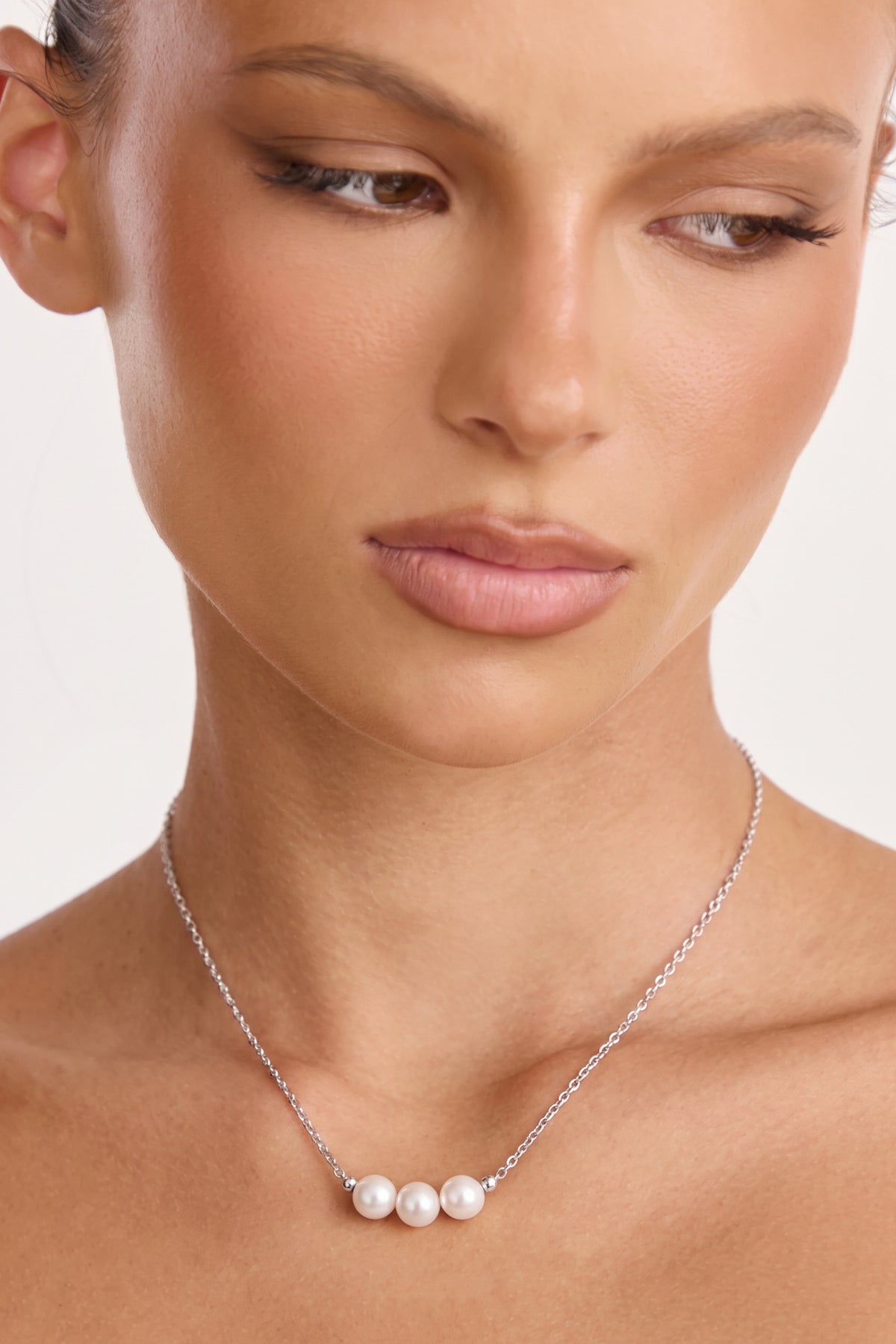 Silver Plated Necklace Triple Pearl Bar