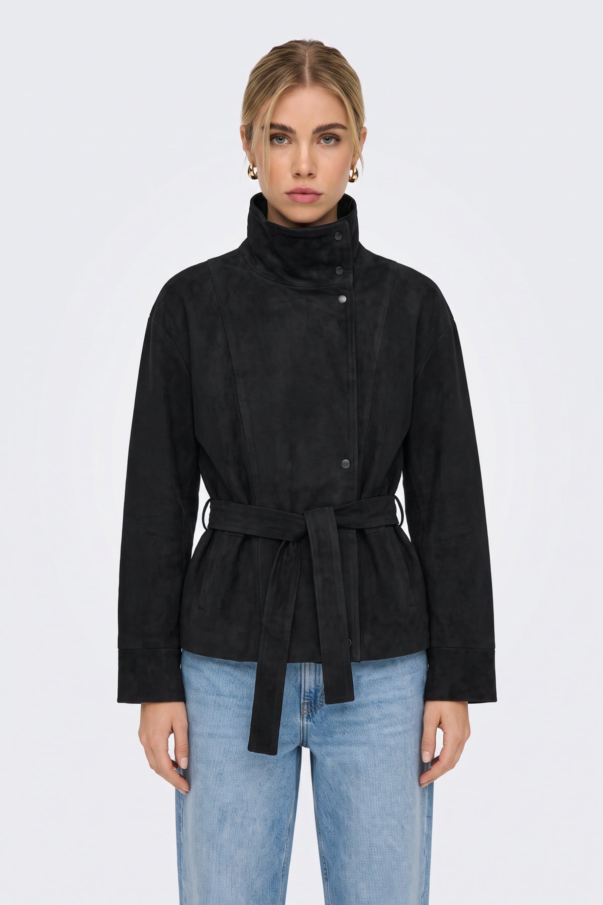 Faux Suede Jacket Black Belted Funnel Neck worn on model