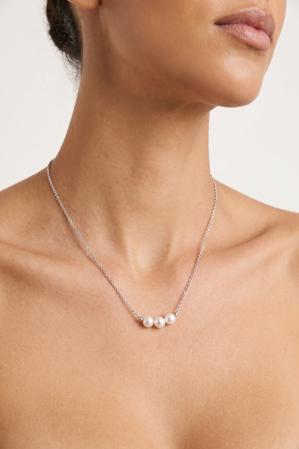 Silver Plated Necklace Triple Pearl Bar