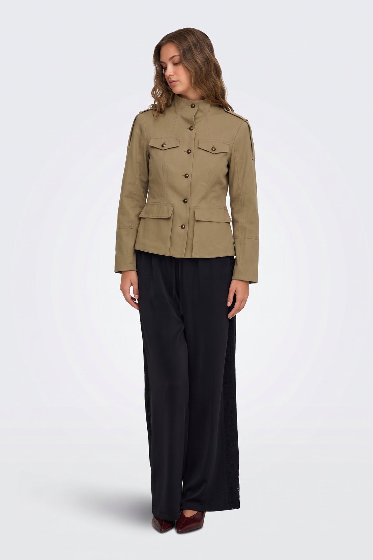 Khaki Jacket Safari Utility Buttoned full length on model