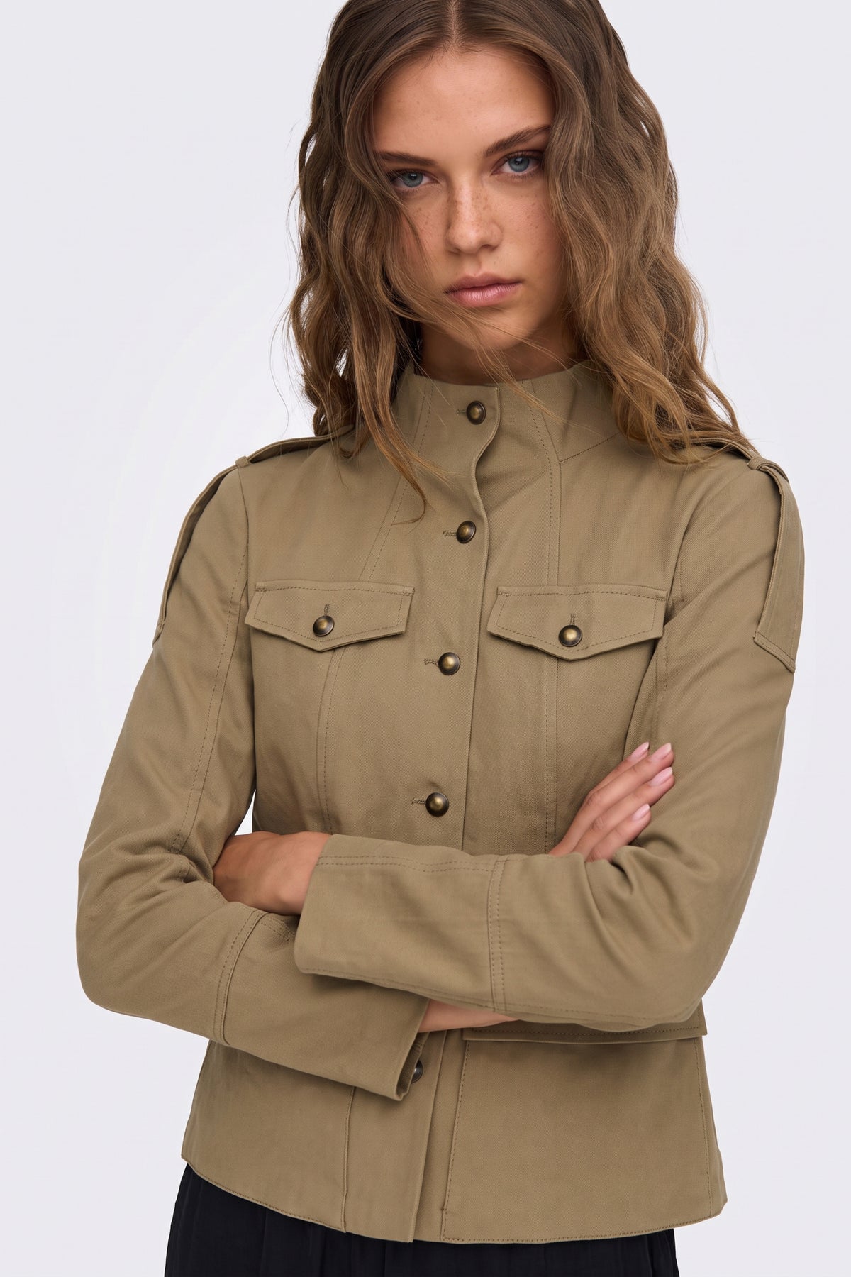 Khaki Jacket Safari Utility Buttoned fabric and fastening detail