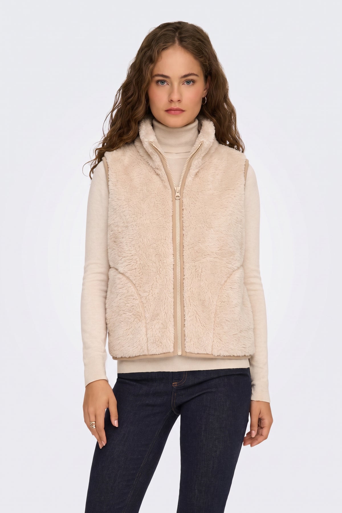 Faux Fur Gilet Beige Fluffy Women