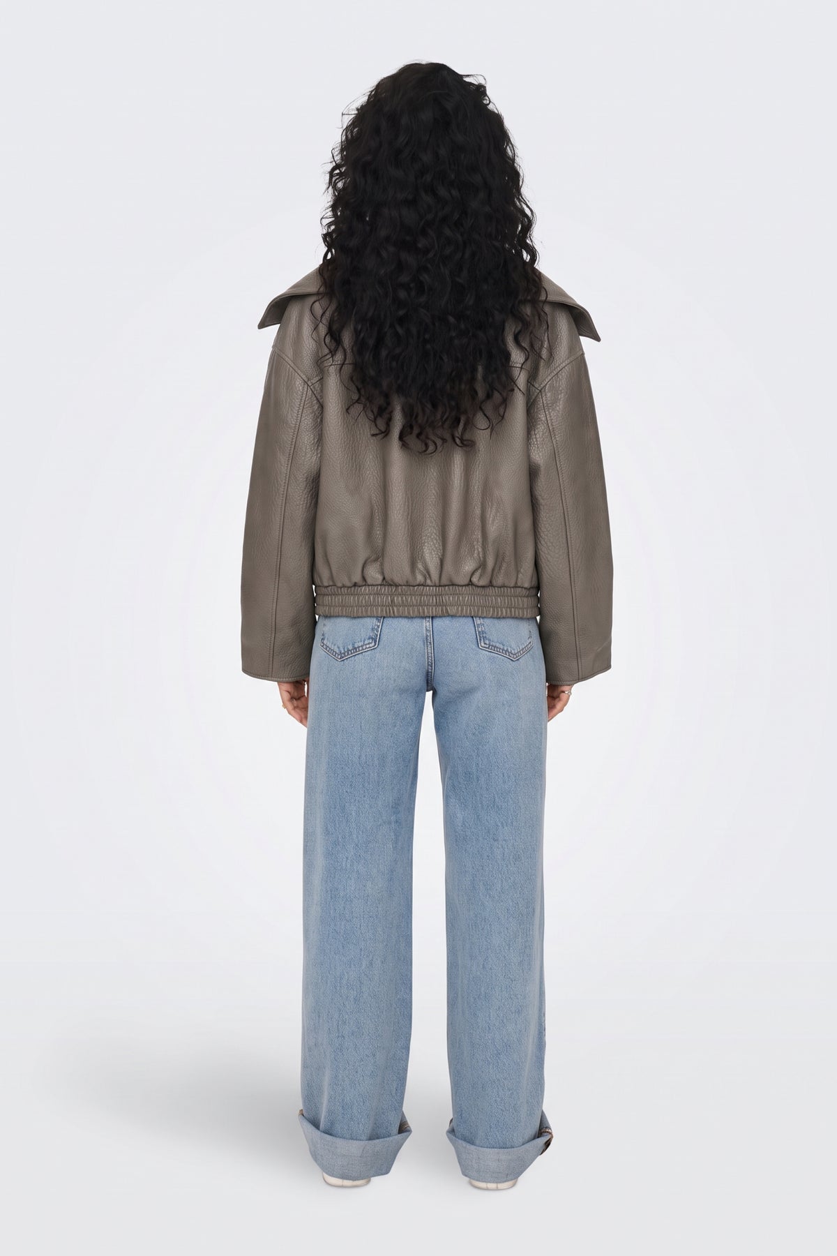 Faux Leather Jacket Grey Wrap Cropped back view on model