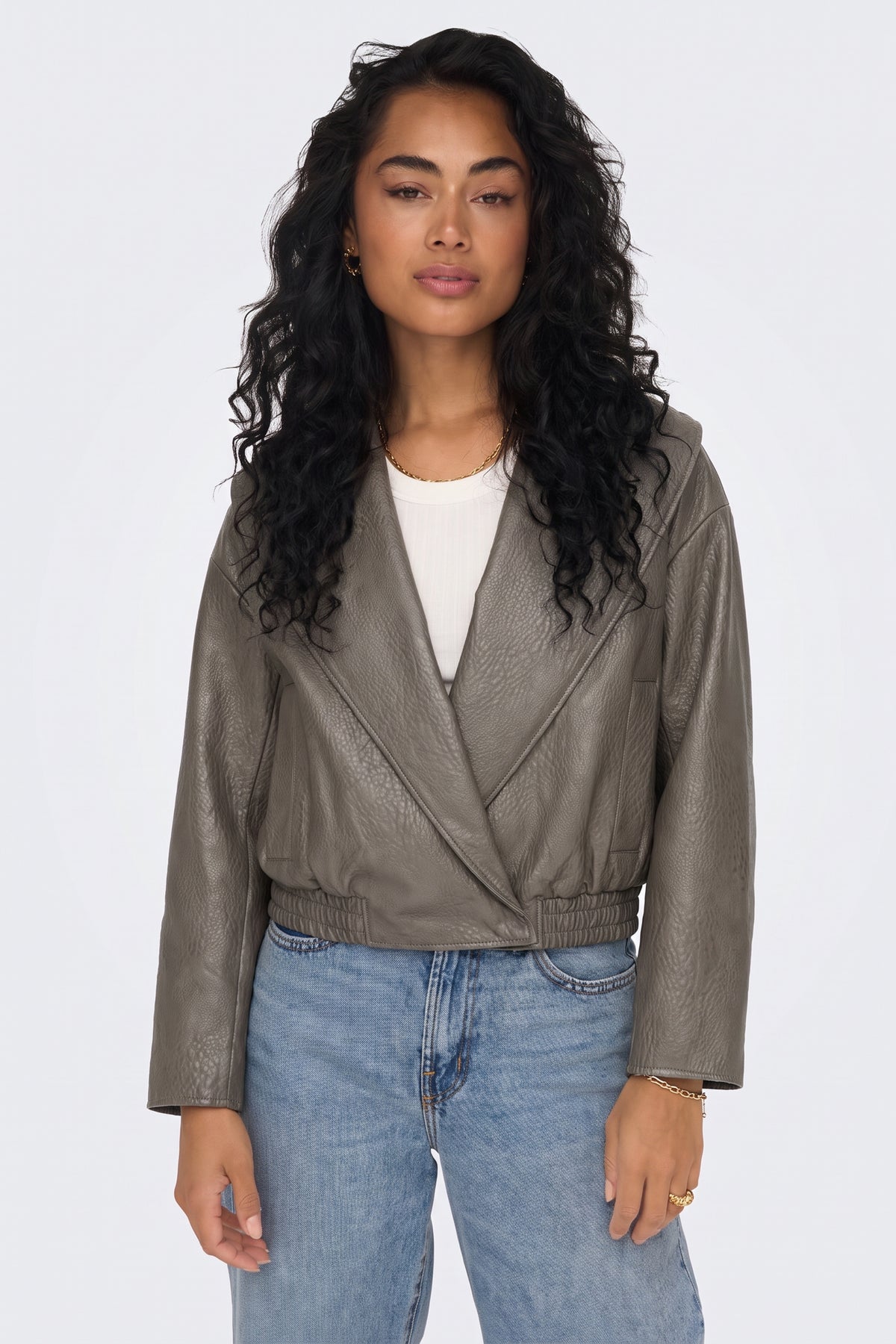 Faux Leather Jacket Grey Wrap Cropped worn on model
