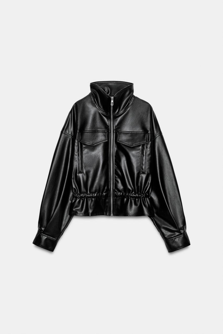 Faux Leather Jacket Black Bomber Funnel Neck, front