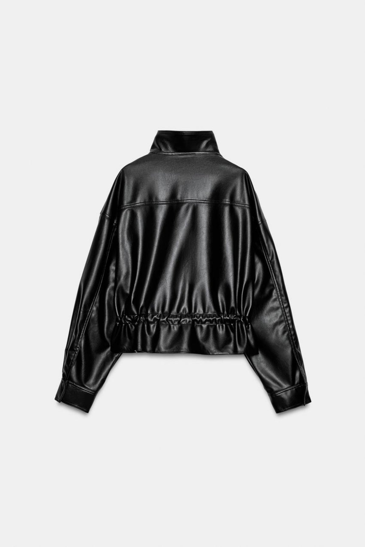 Faux Leather Jacket Black Bomber Funnel Neck, back