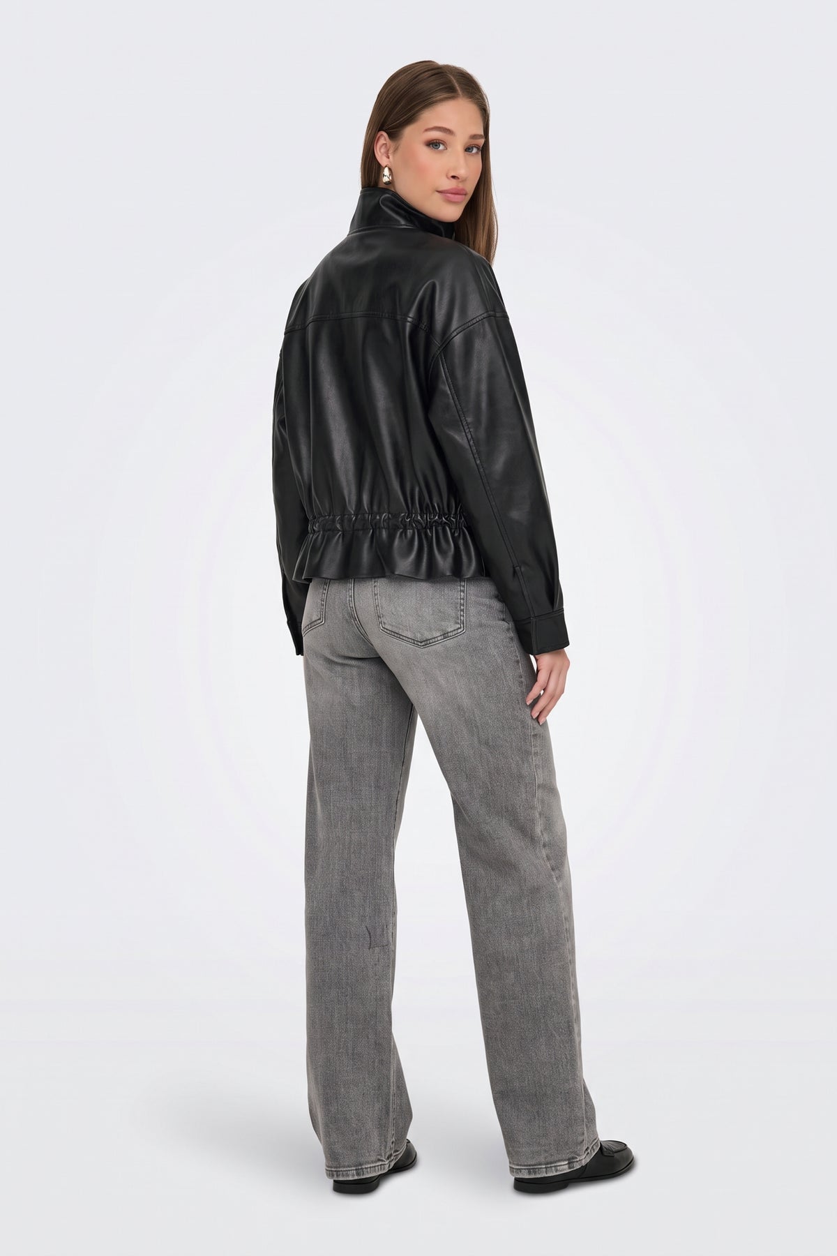 Faux Leather Jacket Black Bomber Funnel Neck back view on model