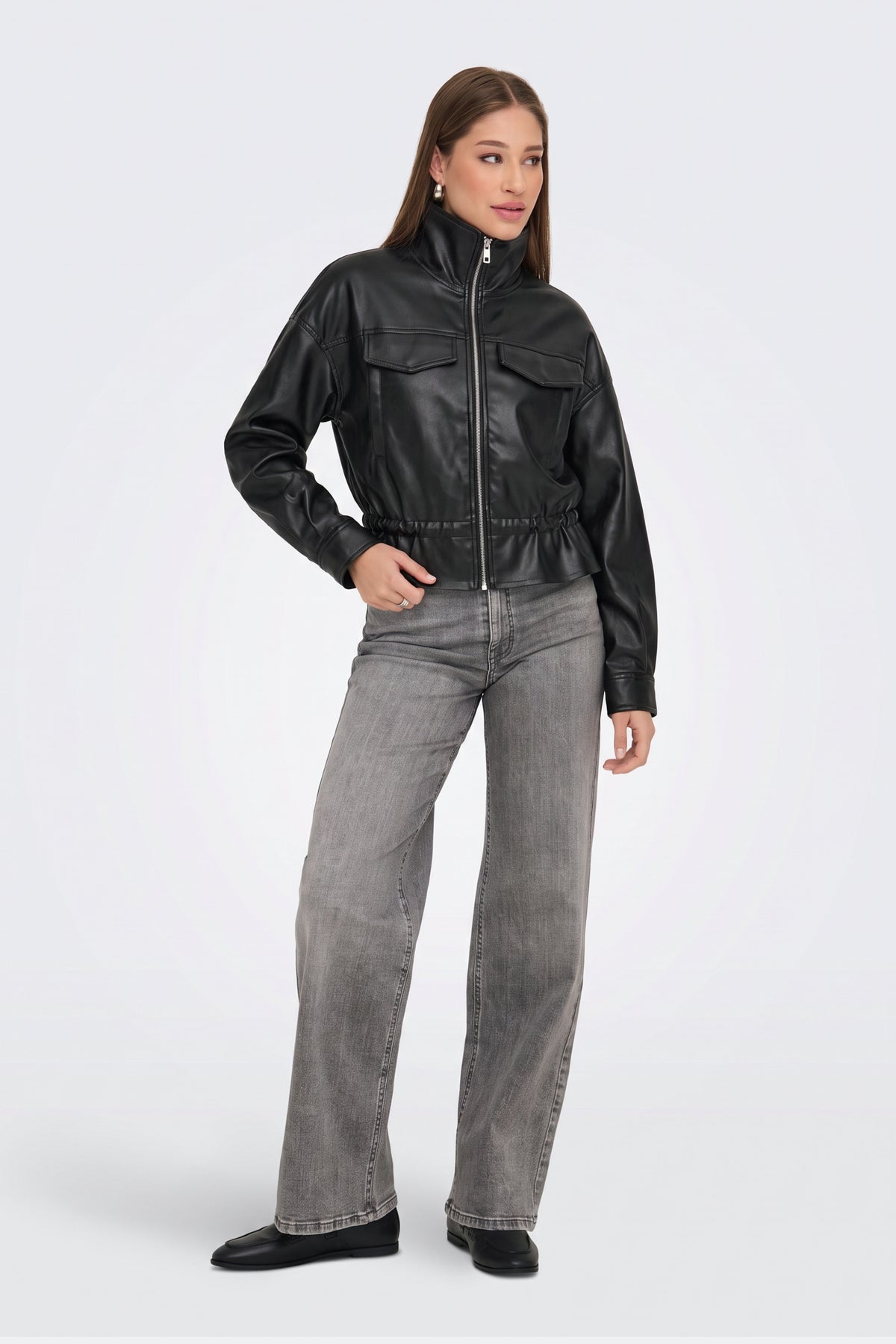 Faux Leather Jacket Black Bomber Funnel Neck full length on model