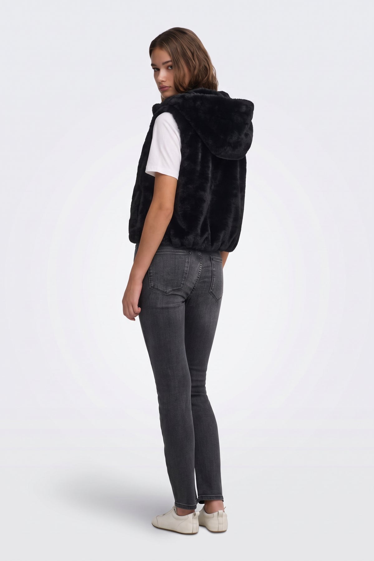 Faux Fur Gilet Black Hooded Women