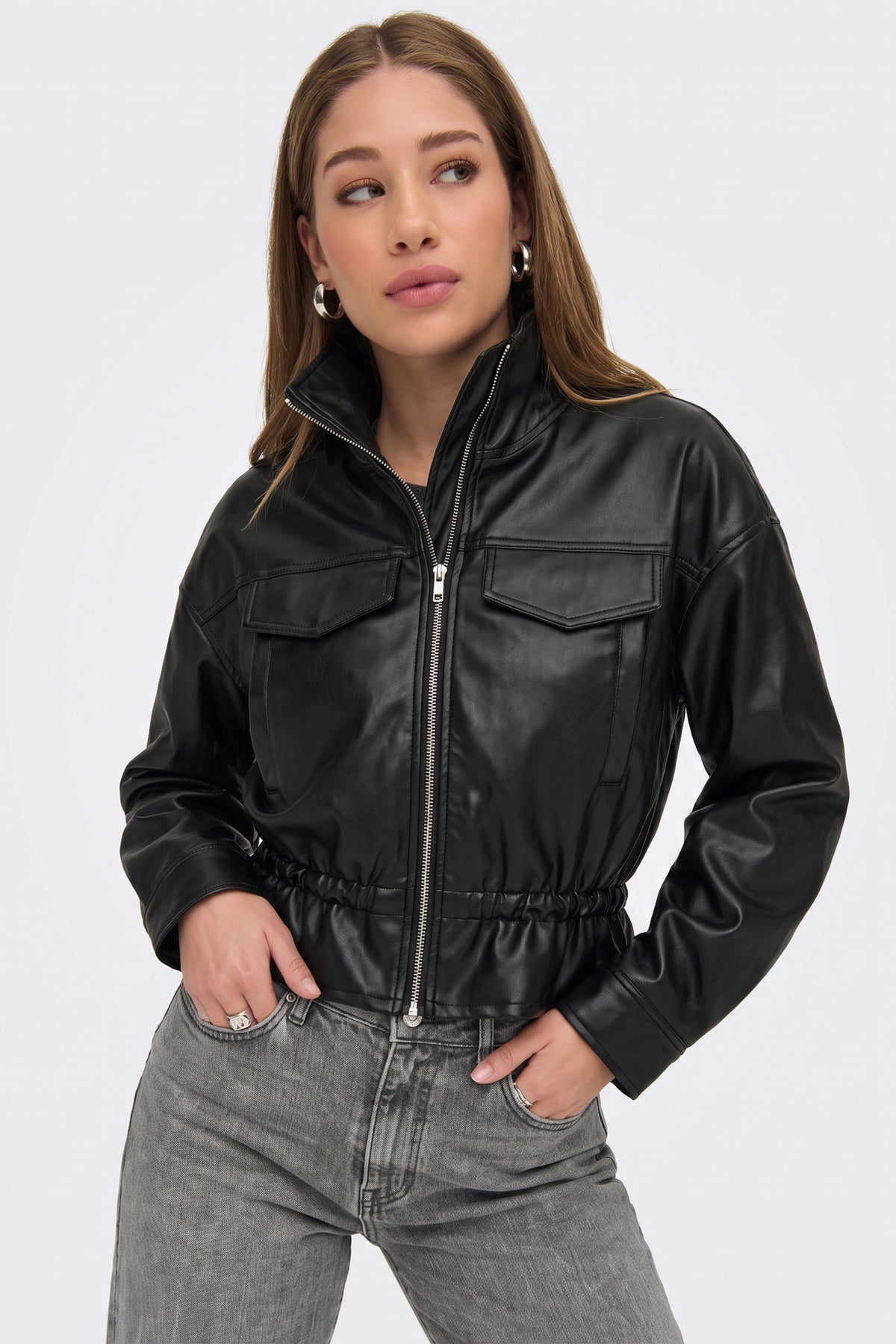 Faux Leather Jacket Black Bomber Funnel Neck worn on model
