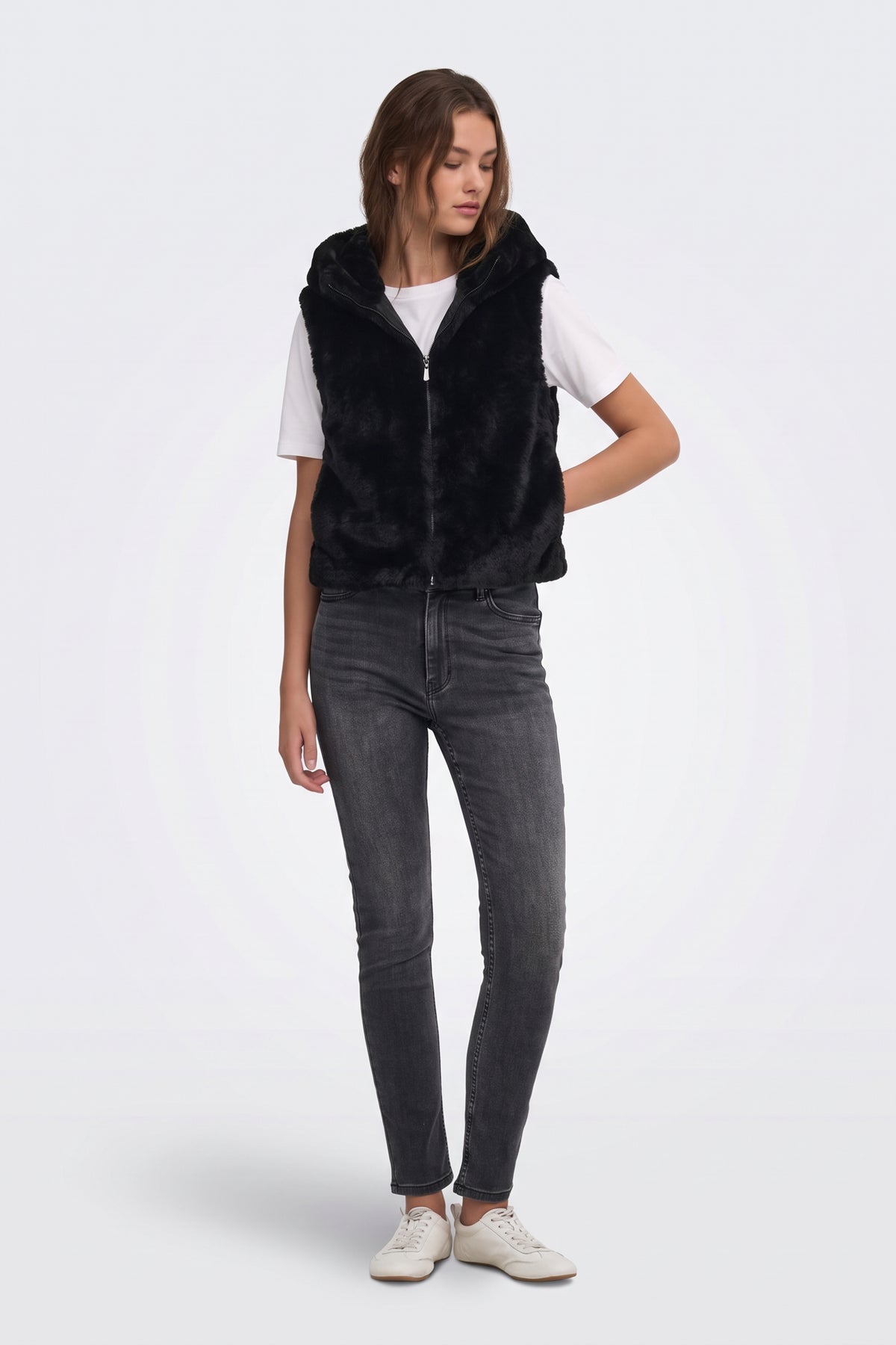 Faux Fur Gilet Black Hooded Women