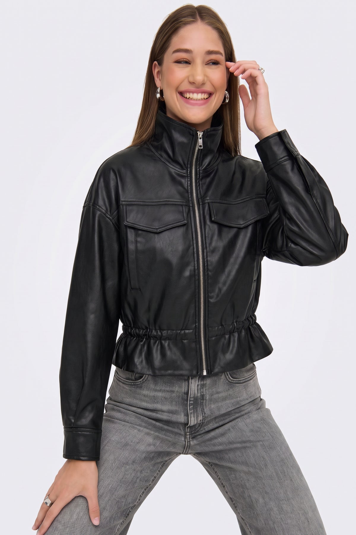Faux Leather Jacket Black Bomber Funnel Neck fabric and fastening detail