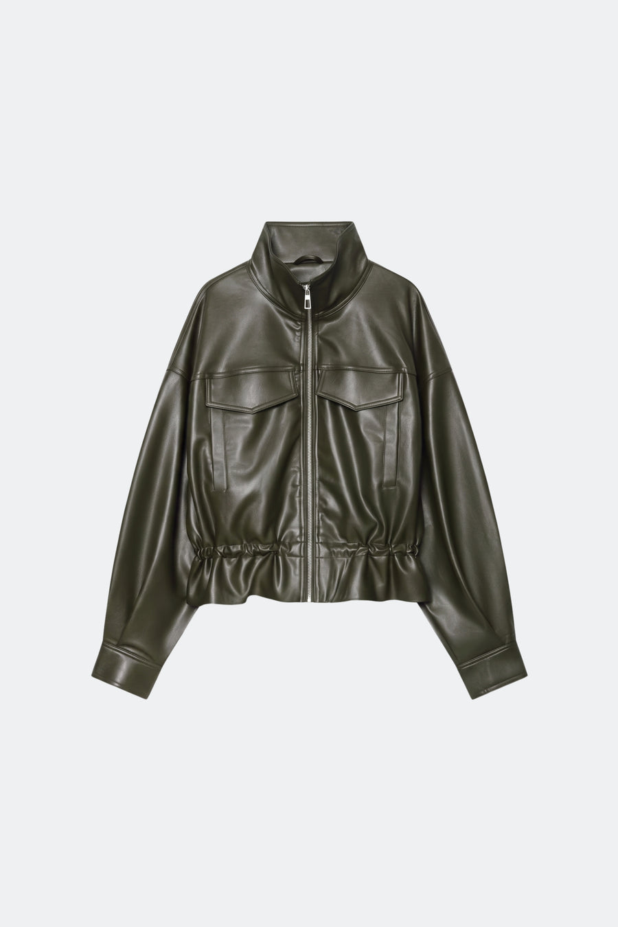 Faux Leather Jacket Khaki Bomber Funnel Neck, front