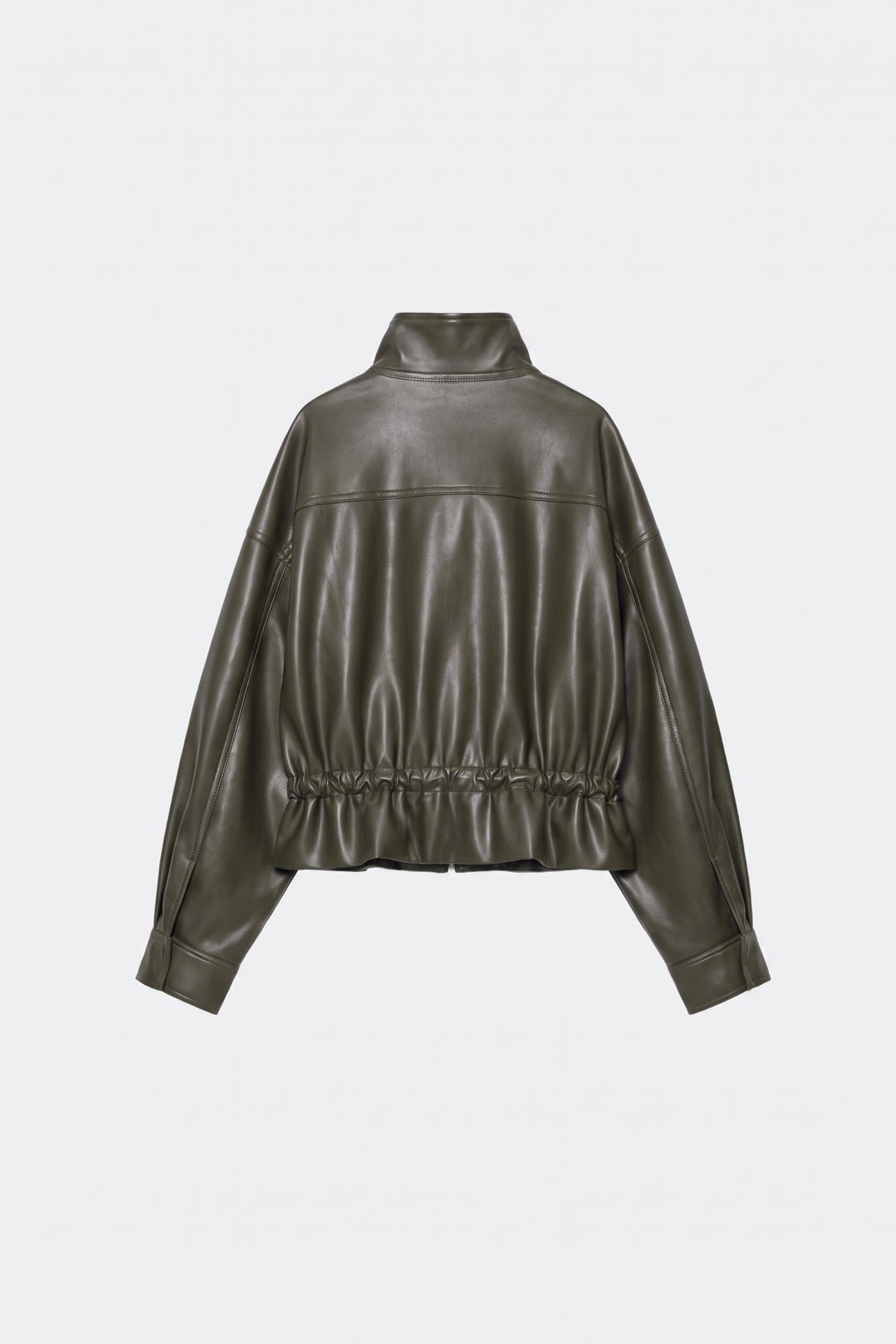 Faux Leather Jacket Khaki Bomber Funnel Neck, back