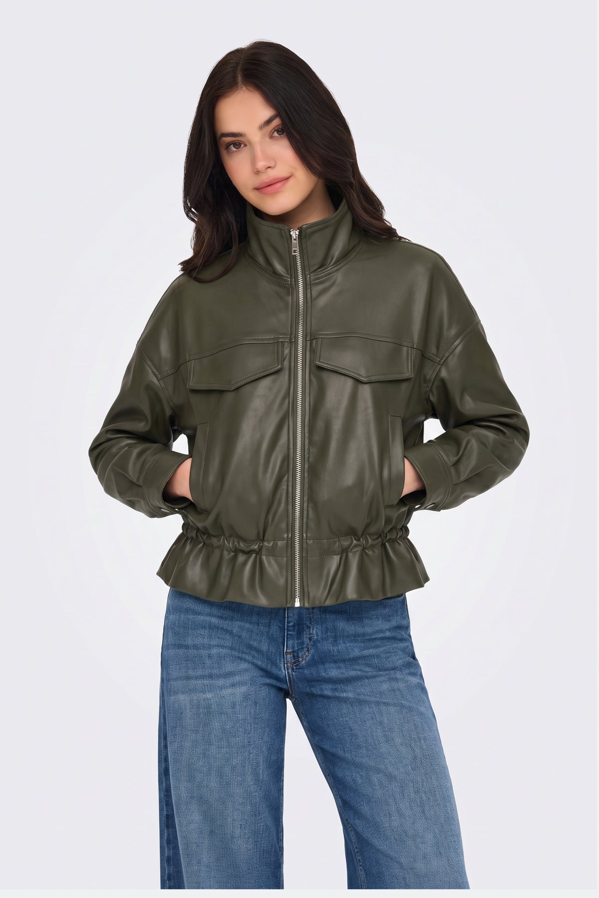 Faux Leather Jacket Khaki Bomber Funnel Neck on model, front view
