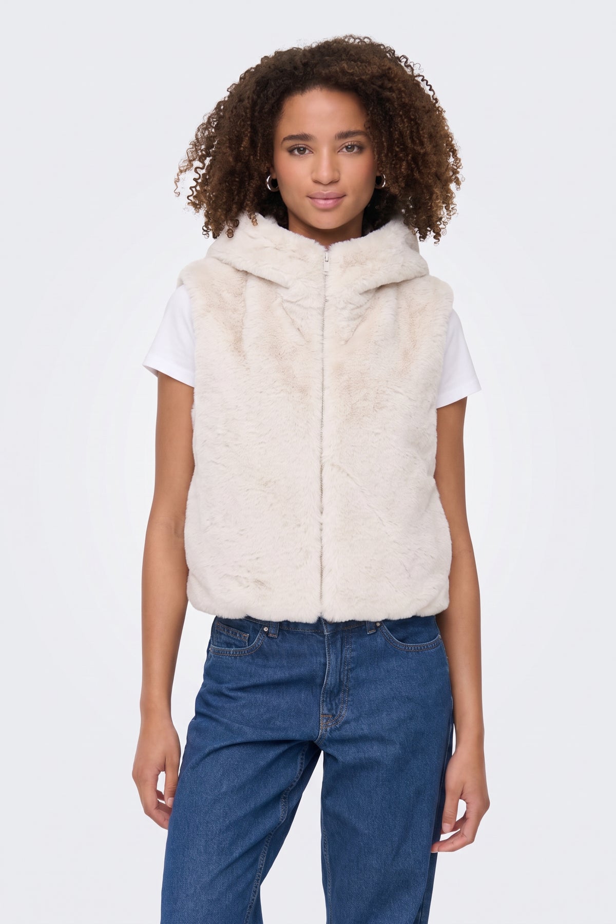 Faux Fur Gilet Cream Hooded Women