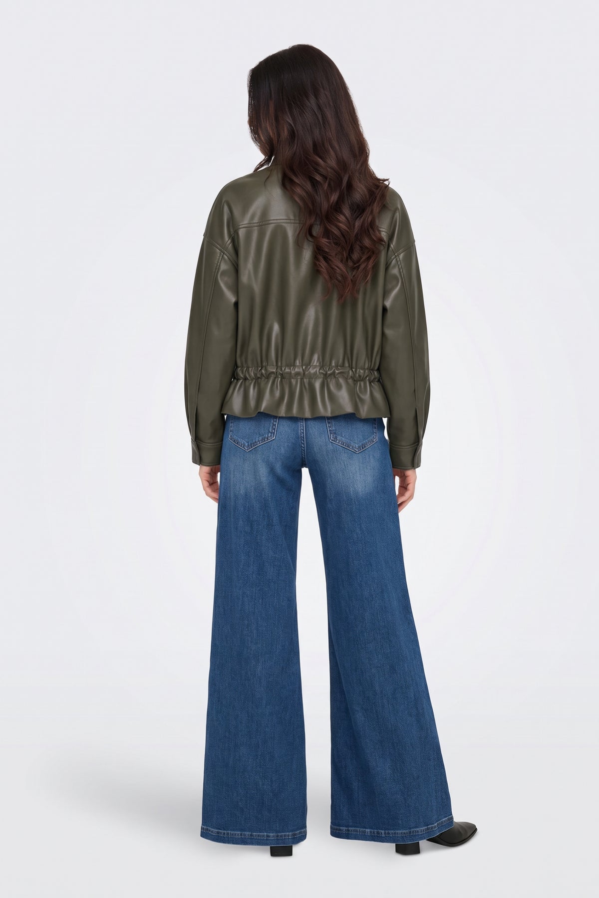 Faux Leather Jacket Khaki Bomber Funnel Neck back view on model