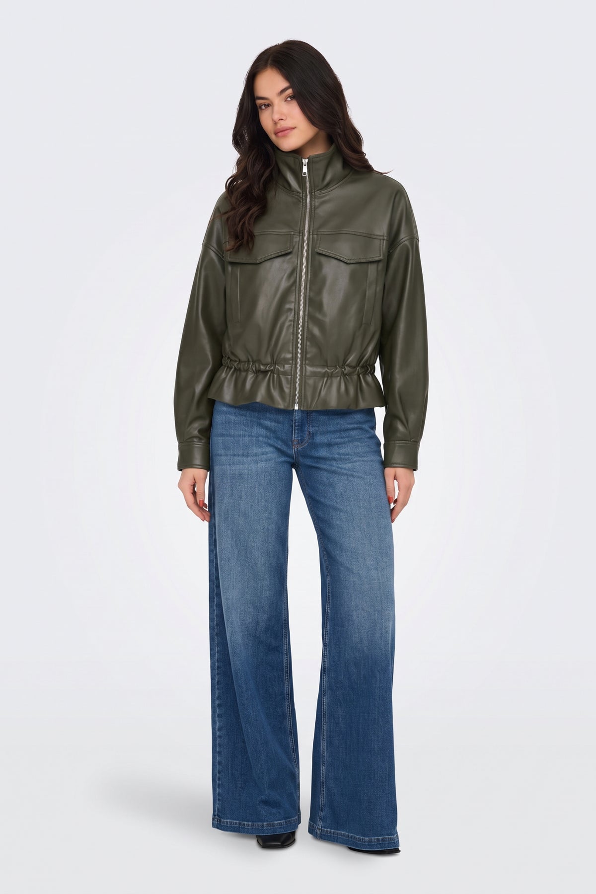 Faux Leather Jacket Khaki Bomber Funnel Neck full length on model