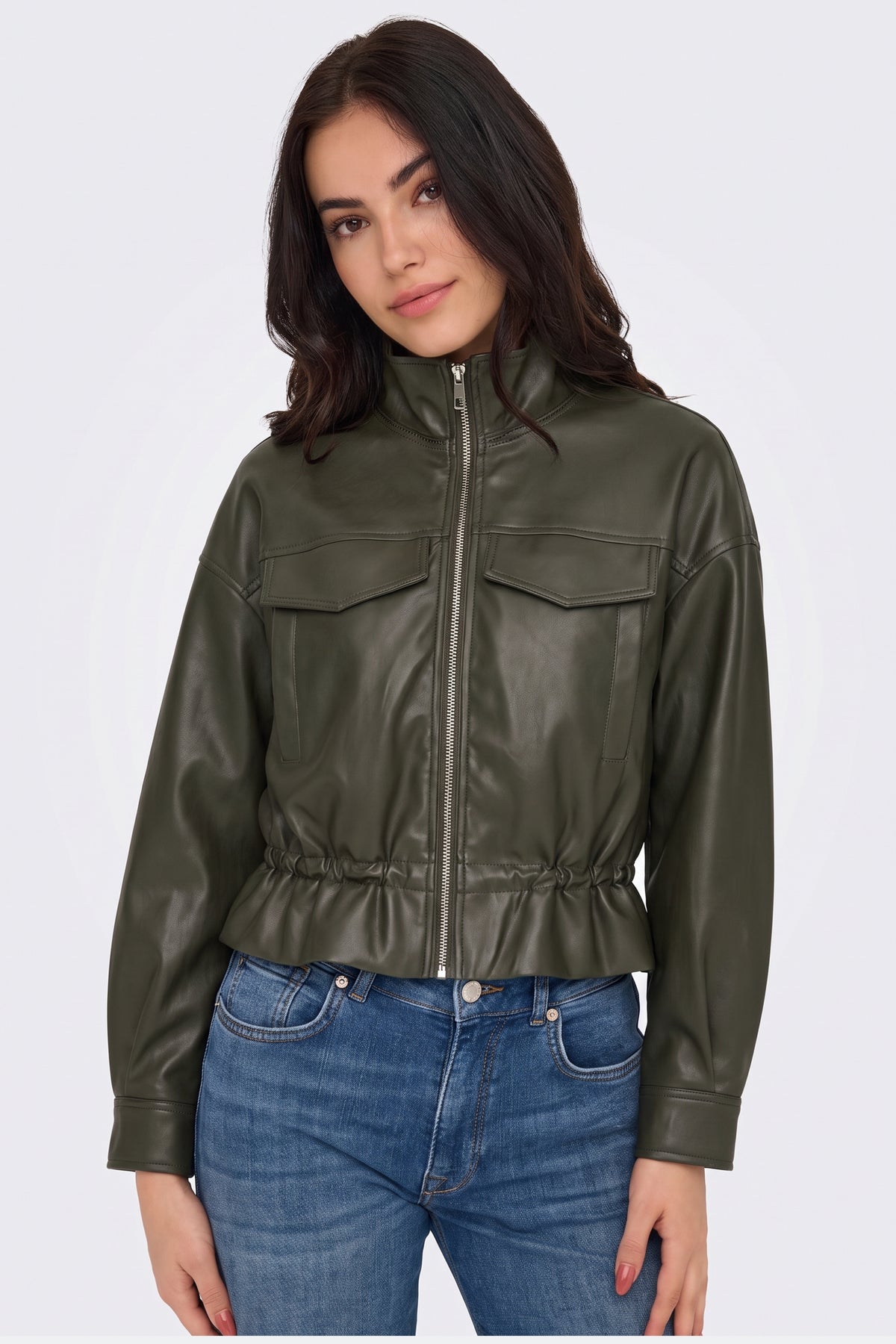 Faux Leather Jacket Khaki Bomber Funnel Neck worn on model
