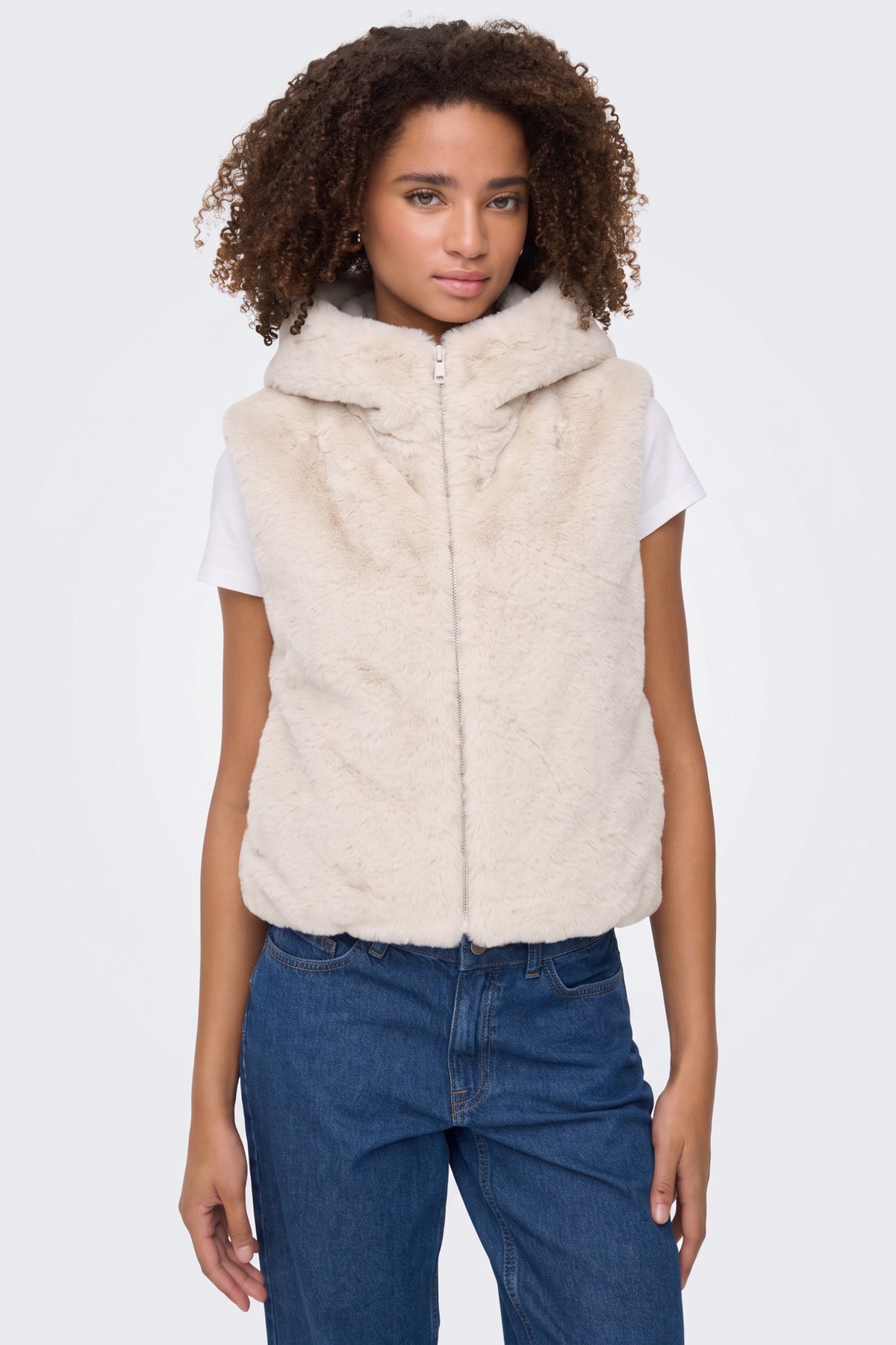 Faux Fur Gilet Cream Hooded Women